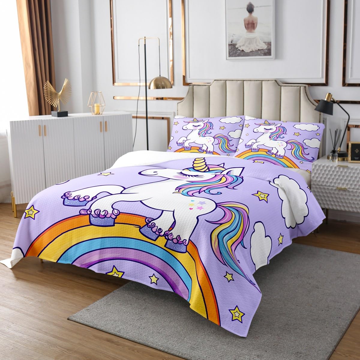 Manfei Rainbow Unicorn Quilts Set,Purple Unicorn Kids Cartoon 2Pcs Bedspread Coverlet Set,Stars Cloud for Girls Bed Cover Set,Kids Teens Children Bedspread Coverlet with 1 Pillowshams (Twin Size)