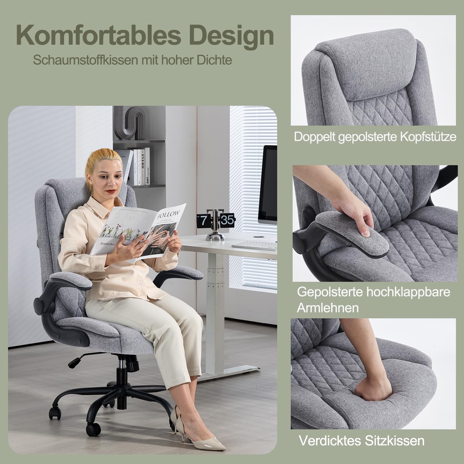 CASTLOVE Bürostuhl Ergonomisch Schreibtischstuhl Chefsessel Mit Gepolsterten Armlehnen Klappbar, Höhenverstellung, Wippfunktion und Kopfstütze Bequem für Home-Office Bürostuhl 150kg Grau Stoff