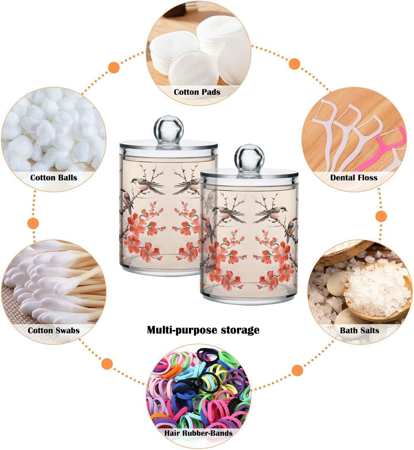 MNSRUU 4 Pack Qtip Holder Organizer Dispenser Birds and Plum Blossoms Pink Bathroom Storage Canister Cotton Ball Holder Bathroom Containers for Cotton Swabs/Pads/Floss