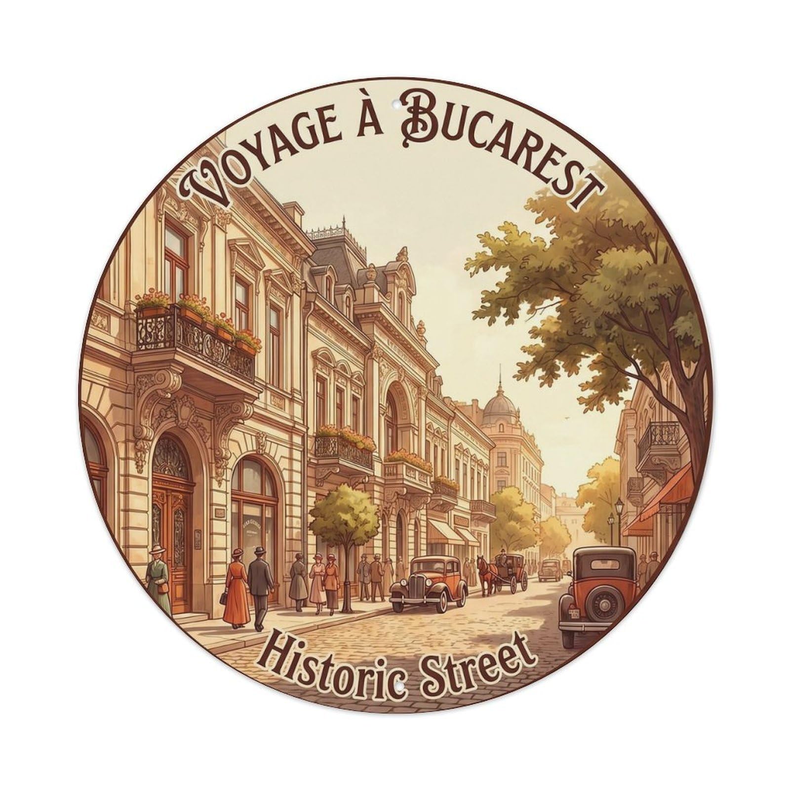 Bucharest Landmark Street Historic City Europe Classic Metal Tin Sign Plaque Wall Decor for Cafe, Man Cave, Club Bar, Office, Home Garden Round Metal Poster 8x8Inch