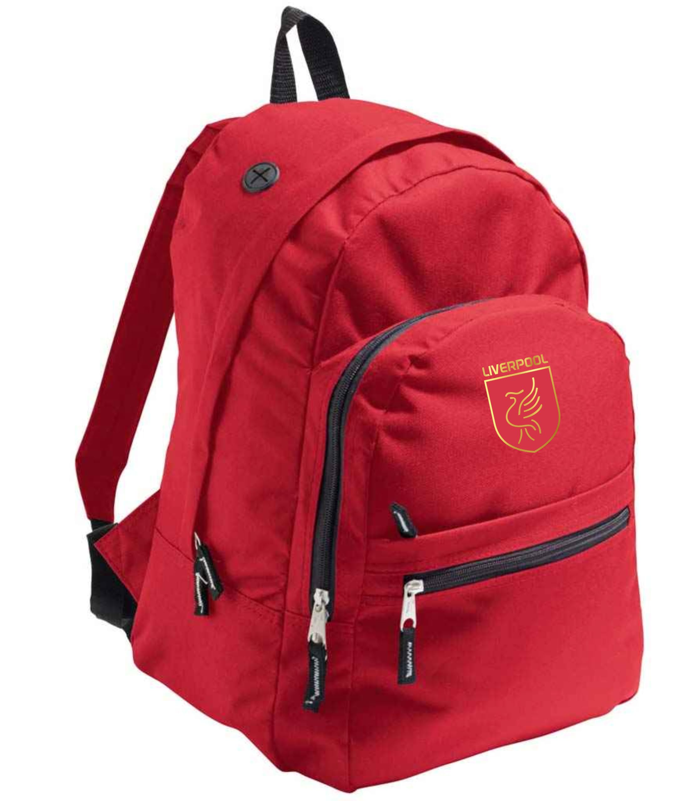 Cyclops Print Liverpool Backpack, Black with Gold Liverbird Logo, 24 Litres, Padded Adjustable Straps, Multiple Zip Pockets, Headphone Port (Red/Gold)