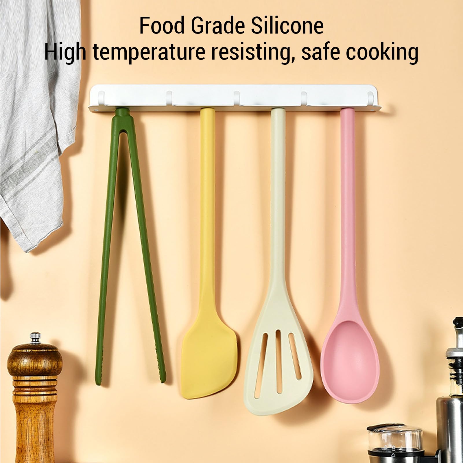 Sorandy Kitchen Utensil Set, Heat Resisting Silicone Cooking Utensils Integrated Spatulas Spoon, Food Tongs and Hook Storage Rack for Frying Stirring Serving Draining