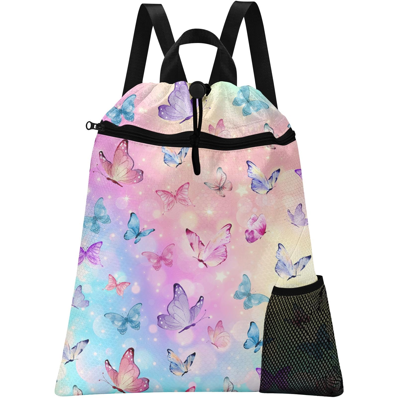 Britown Coloful Butterflies Drawstring Backpack, 15” x 17” Waterproof Swim Bag for Beach Swimming Pool, Lightweight Foldable Gym Bag with Water Bottle