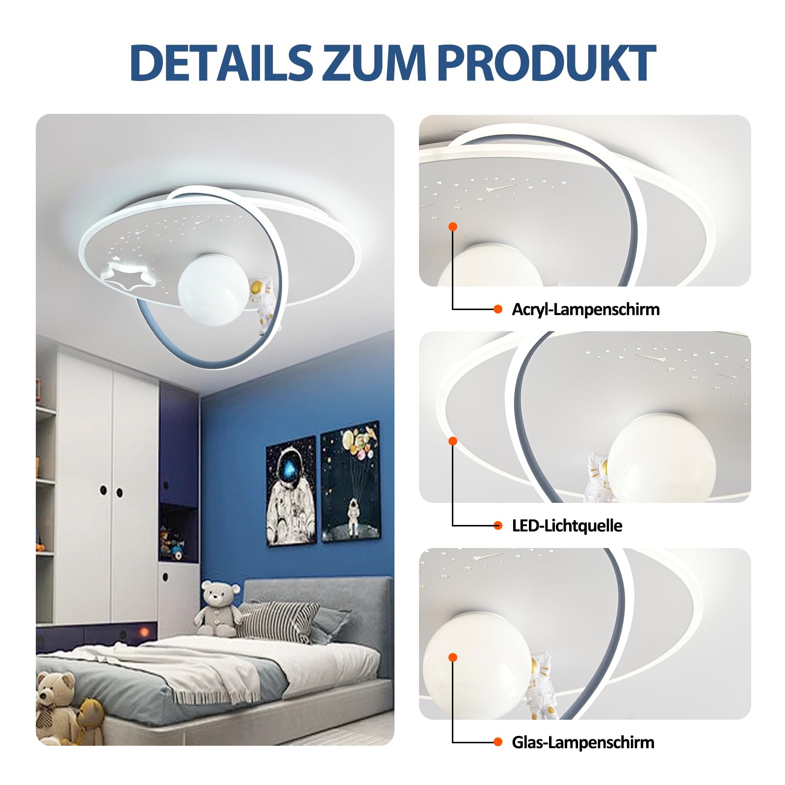 AHXIAOZN Plafoniera Cameretta Bambini Dimmerabile, Lampada Da Soffitto A LED Per Bambini con Telecomando, 3000-6000K, Lampada Soffitto Camera da Letto Astronauta per Bambino Ragazzi