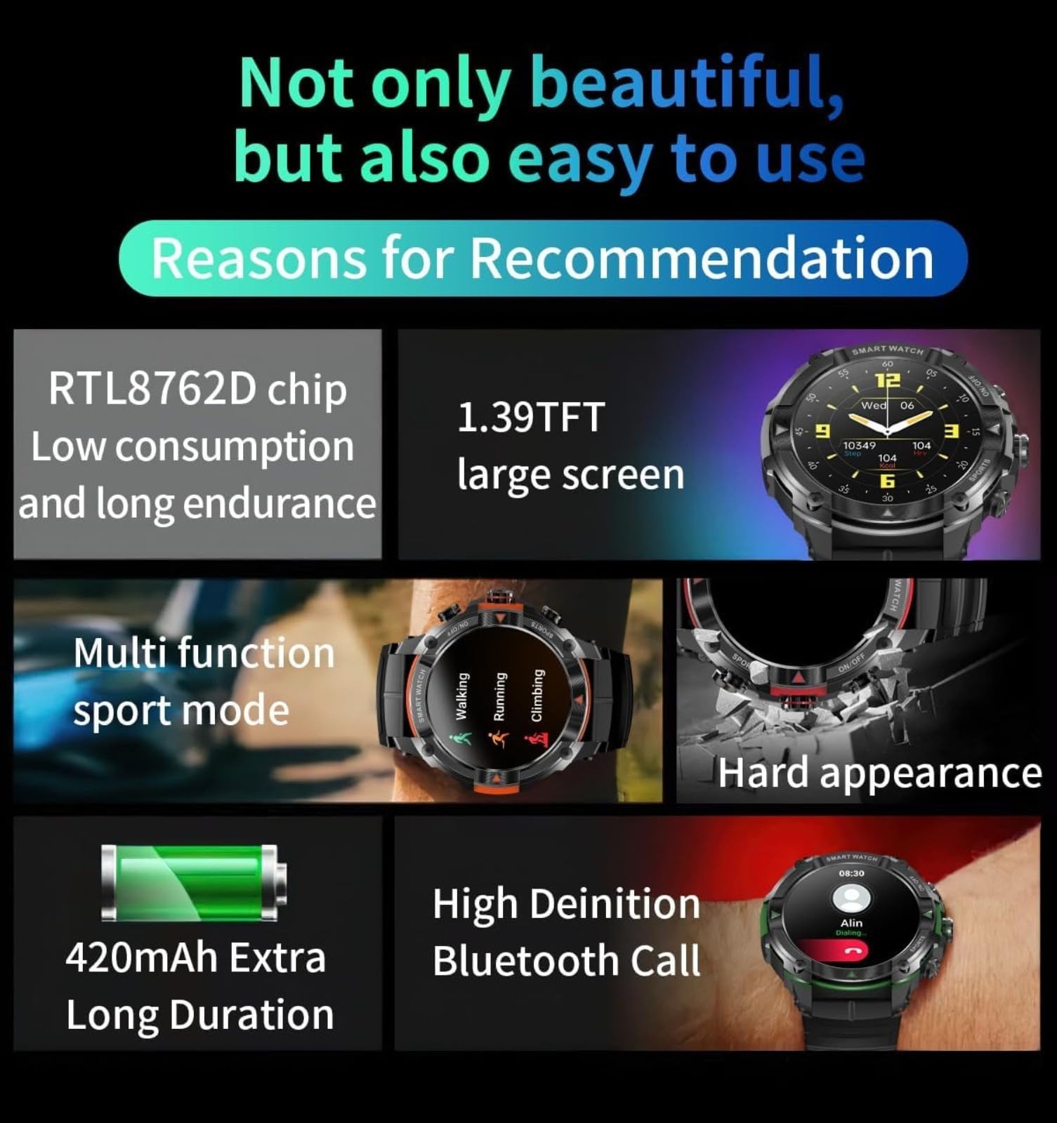 Smart Watch, fitness tracker, cardiofrequenzimetro, monitor della pressione sanguigna, schermo grande TFT da 1,39 pollici, modalità multi sport, impermeabile IP68, ricaricabile, per uomini e donne