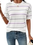 SHEWIN Femmes Hauts Col rond Manches Courtes Pullover T-shirt rayé en maille Outfits d'été pour femmes 2026