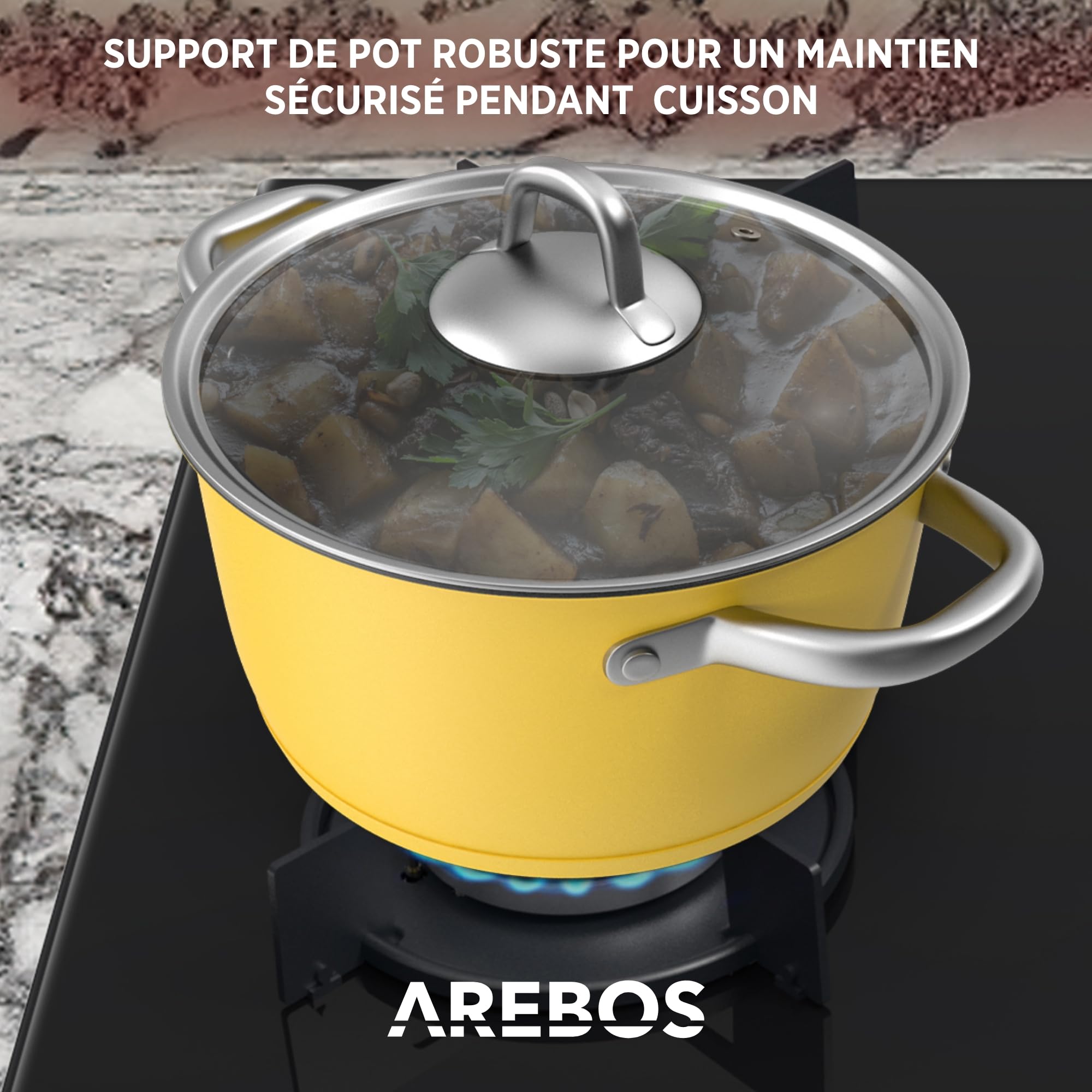 Arebos plaque de cuisson à gaz 60 cm 4 brûleurs | Verre trempé | Encastrable avec supports en fonte | Compatible gaz naturel et propane | Sécurité d’allumage intégrée