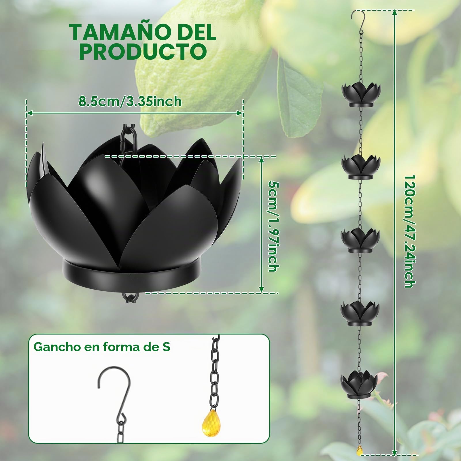 Cadena para la lluvia, para canalones, con gancho en S, cadena de drenaje, longitud ajustable, cadena de lluvia con imitación de nenúfares, para exteriores, casa, decoración de jardín (negro)