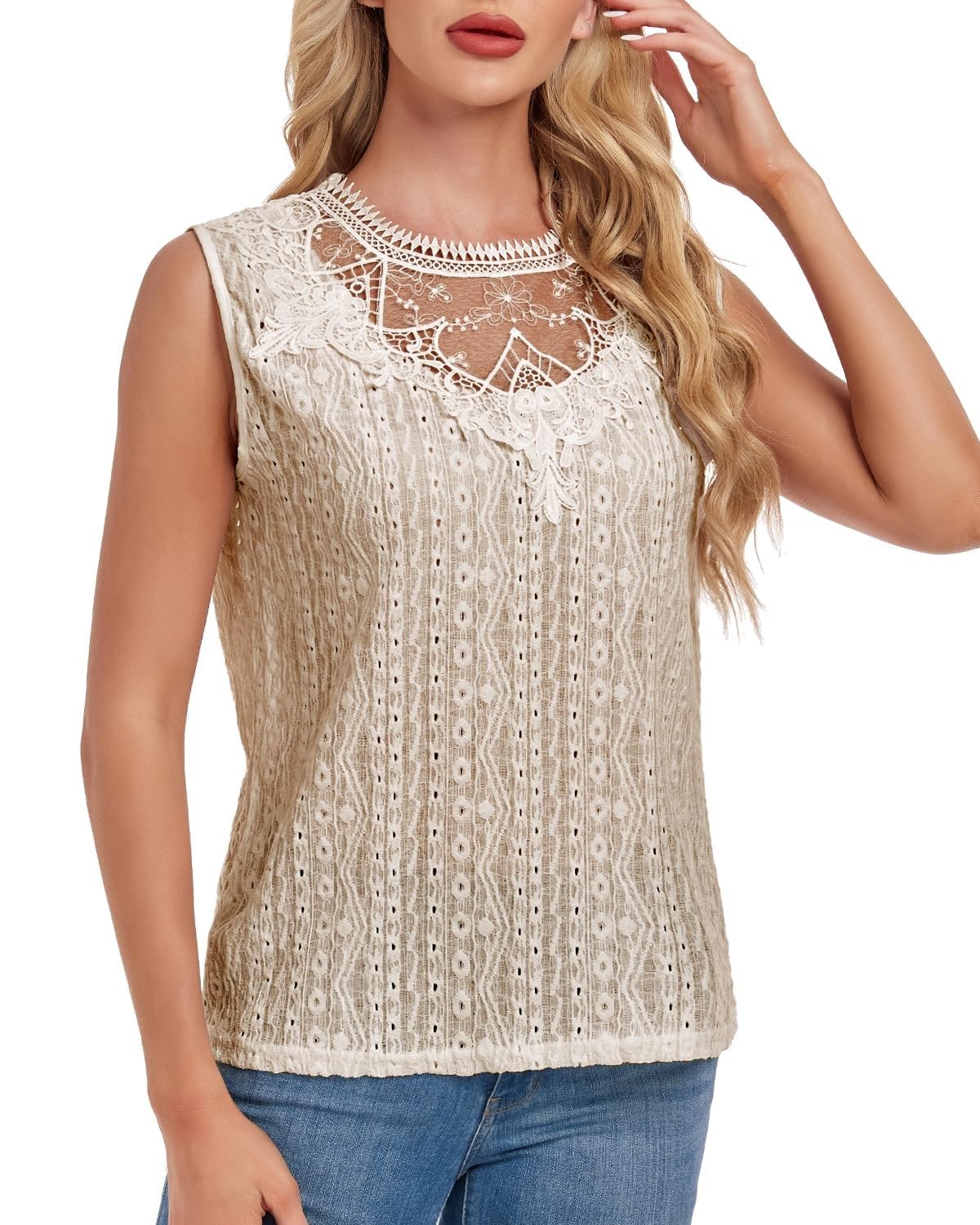 Canotte a Tunica con Buco della Serratura sul Retro Senza Maniche da Donna, Camicette Casual in Pizzo(Apricot,S)
