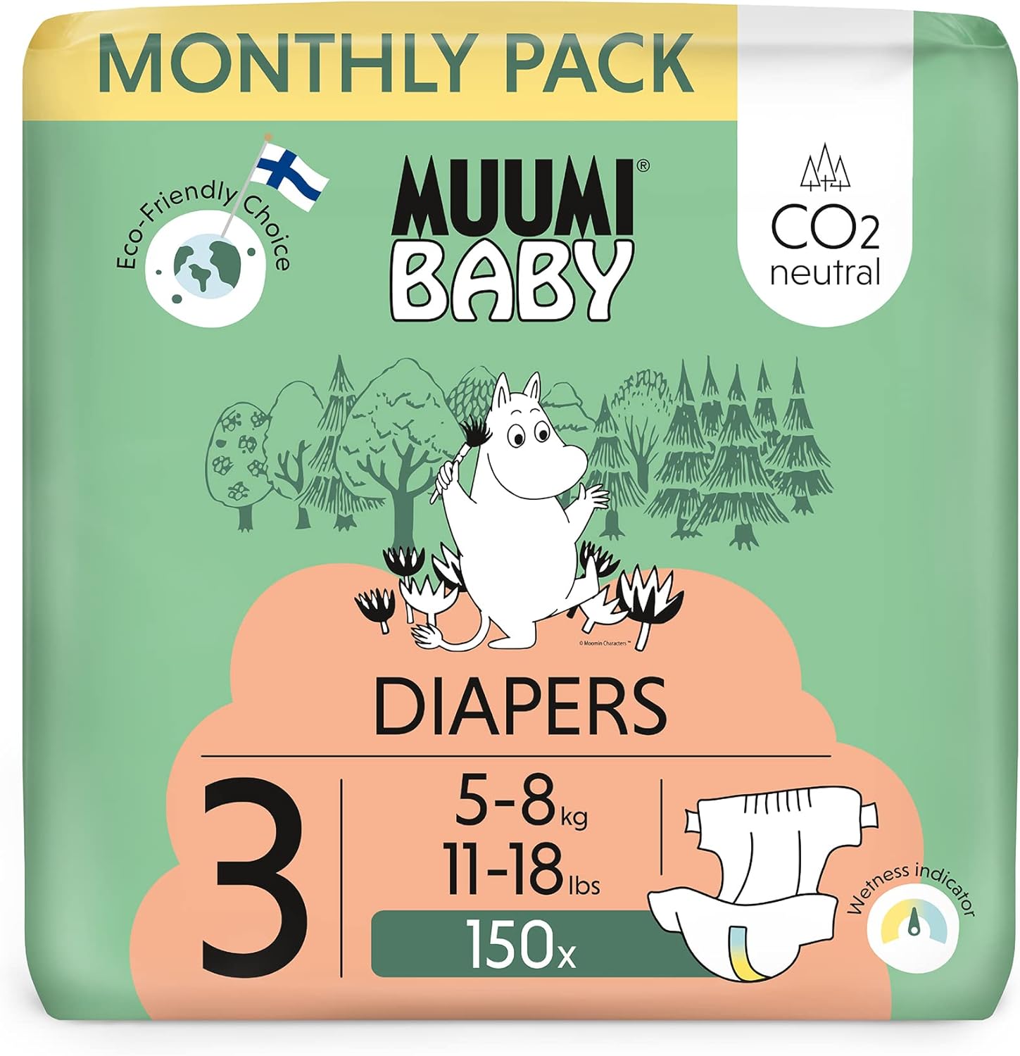 Muumi Baby Eco Nappies Size 3 Monthly Pack, 58 kg, 150 Sensitive