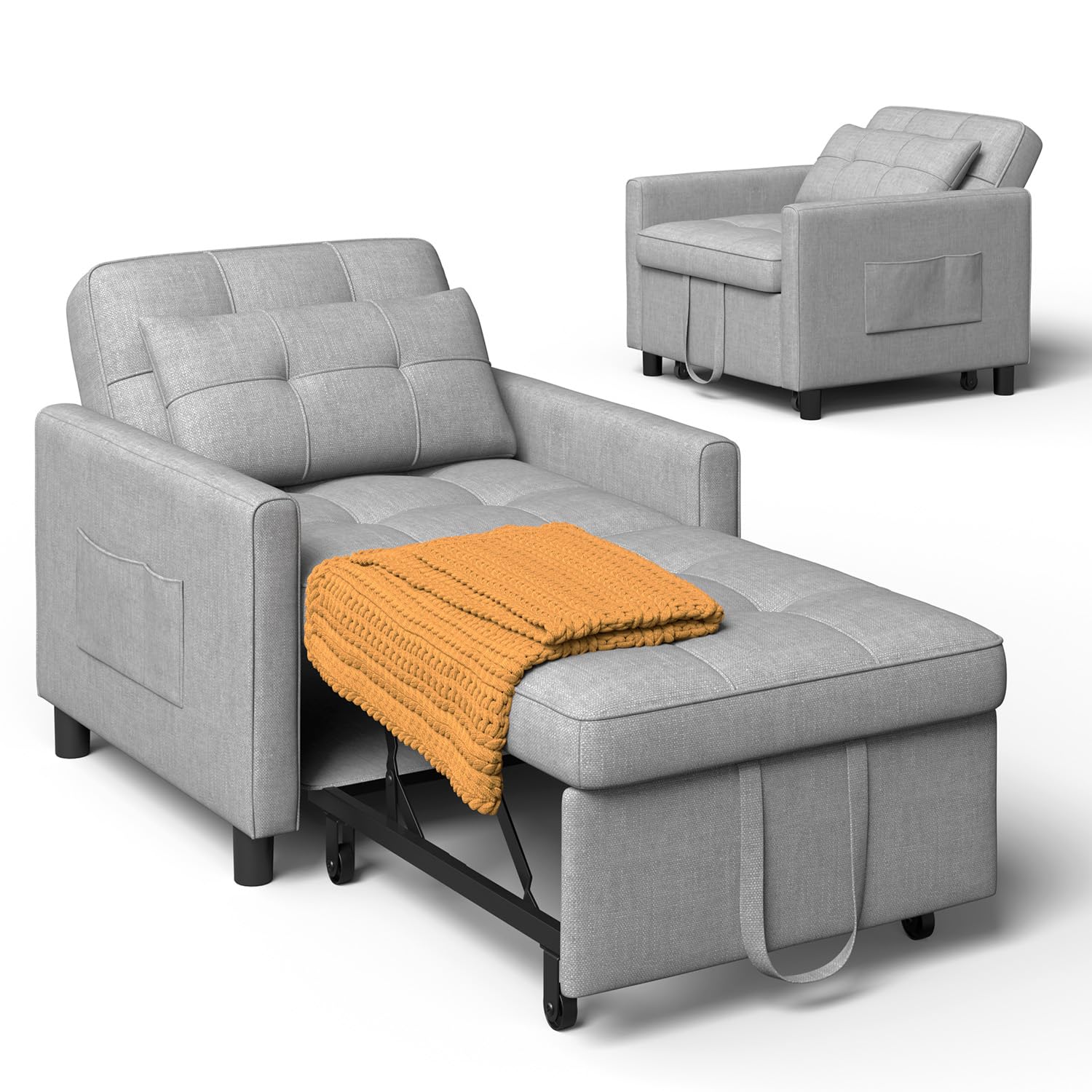 Xbro Schlafsessel 3-in-1-Convertible-Stuhl-Bett, Schlaferstuhl mit bettfunktion, Verstellbares Schlafsofa mit Kissen und Tasche, Sessel mit schlaffunktio für kleine Wohnung (Hellgrau)