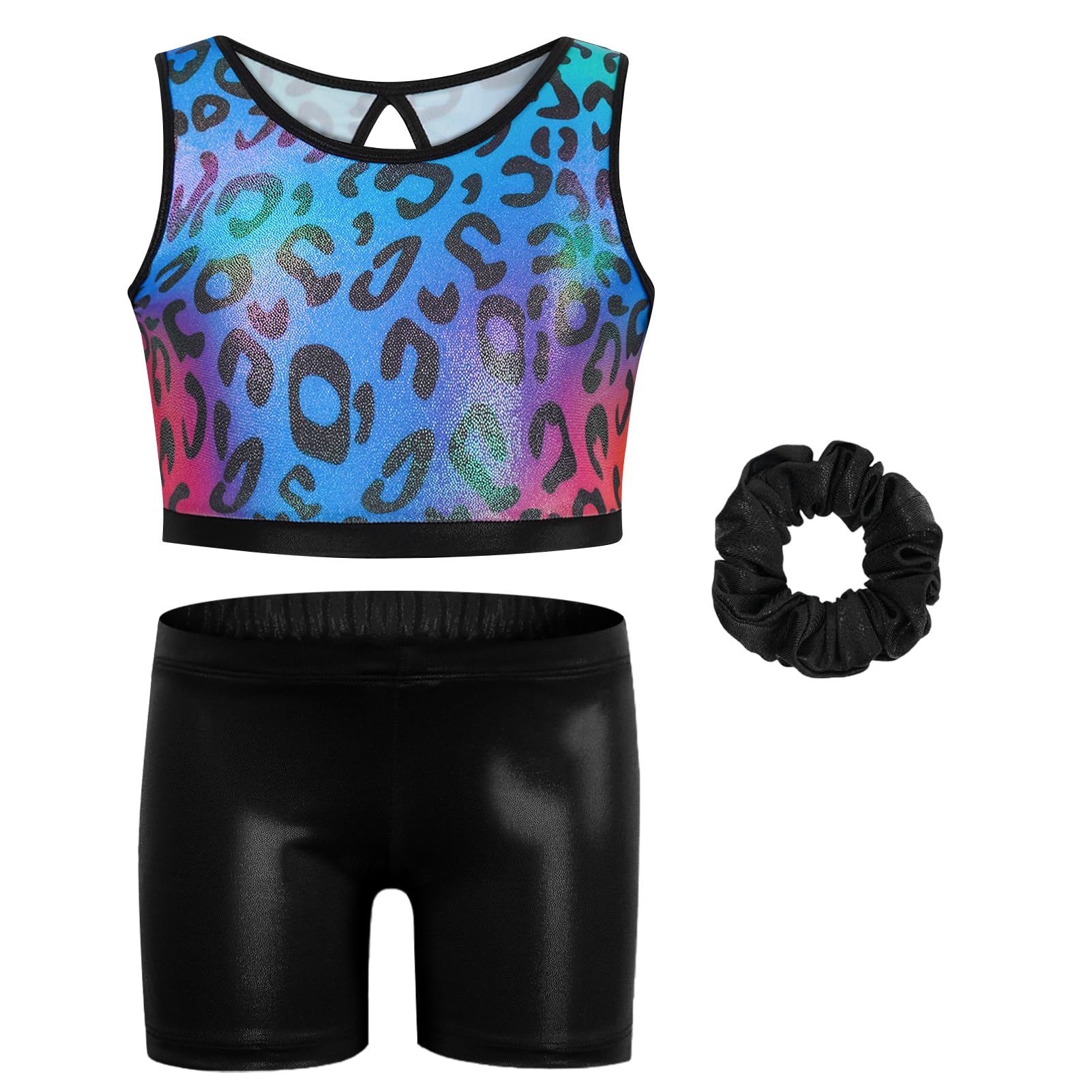 Gogokids Completo da ginnastica bambina composto da tre pezzi, body senza maniche, pantaloncini e fascia capelli, tuta danza classica scintillante, con design a colori sfumati, dai 3 ai 12 anni