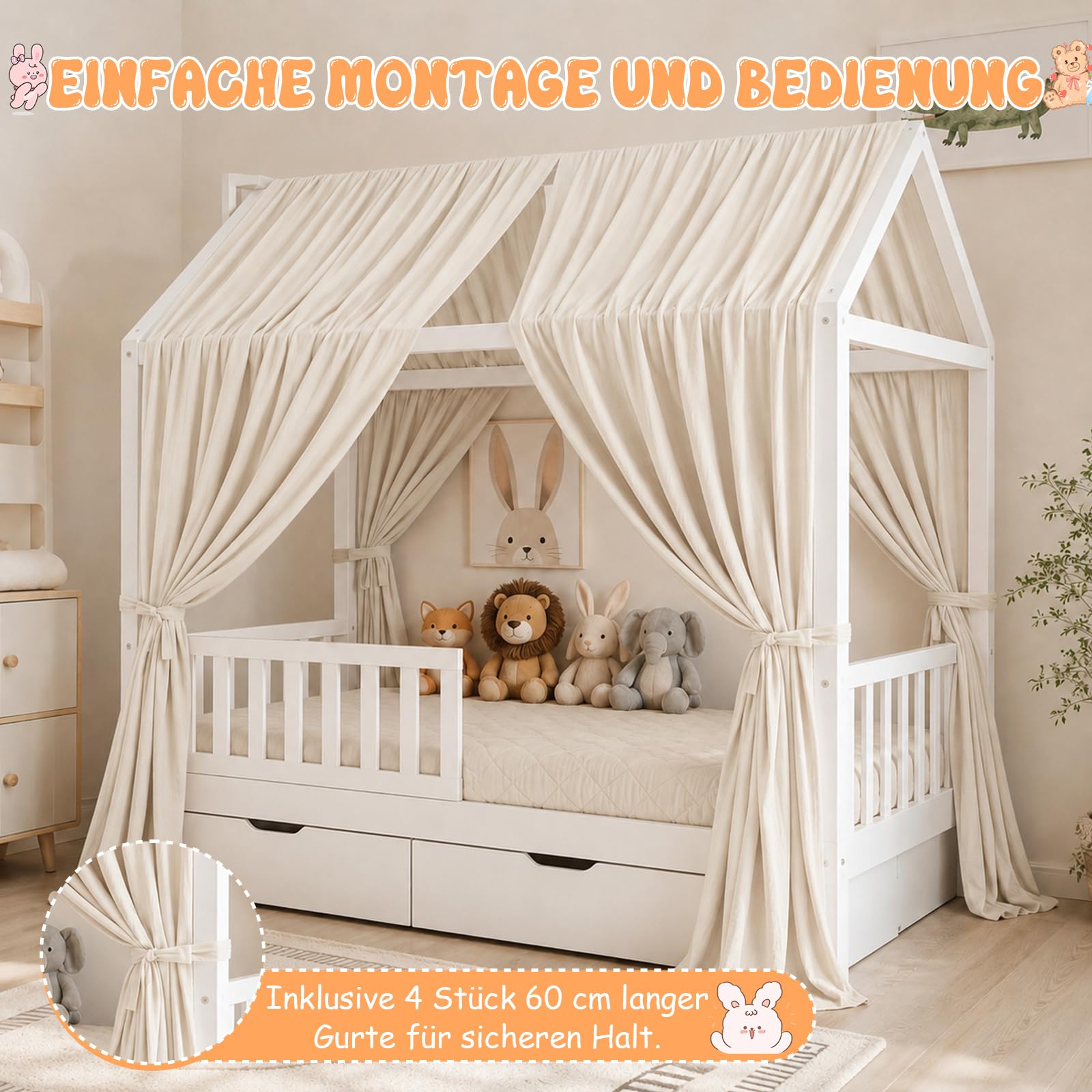 2 Stück Hausbett Himmel, Betthimmel Hausbett aus 100% Musselin Baumwolle, Bett Vorhang für Hausbett Deko, Stoffhimmel Baldachin für Mädchen Jungen(Beige, H350 x B135 cm (2 Stück))