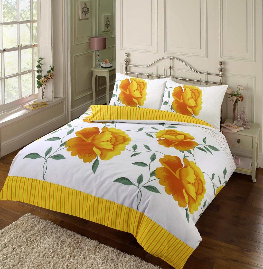 HOME ACE Rosaleen Yellow Printed Double Duvet Cover Set - Easy Care Poly Cotton Double Bed Quilt Cover Bedding Set - 200CM x 200CM with 2 Pillowcases 50CM x 75CM โ image 1