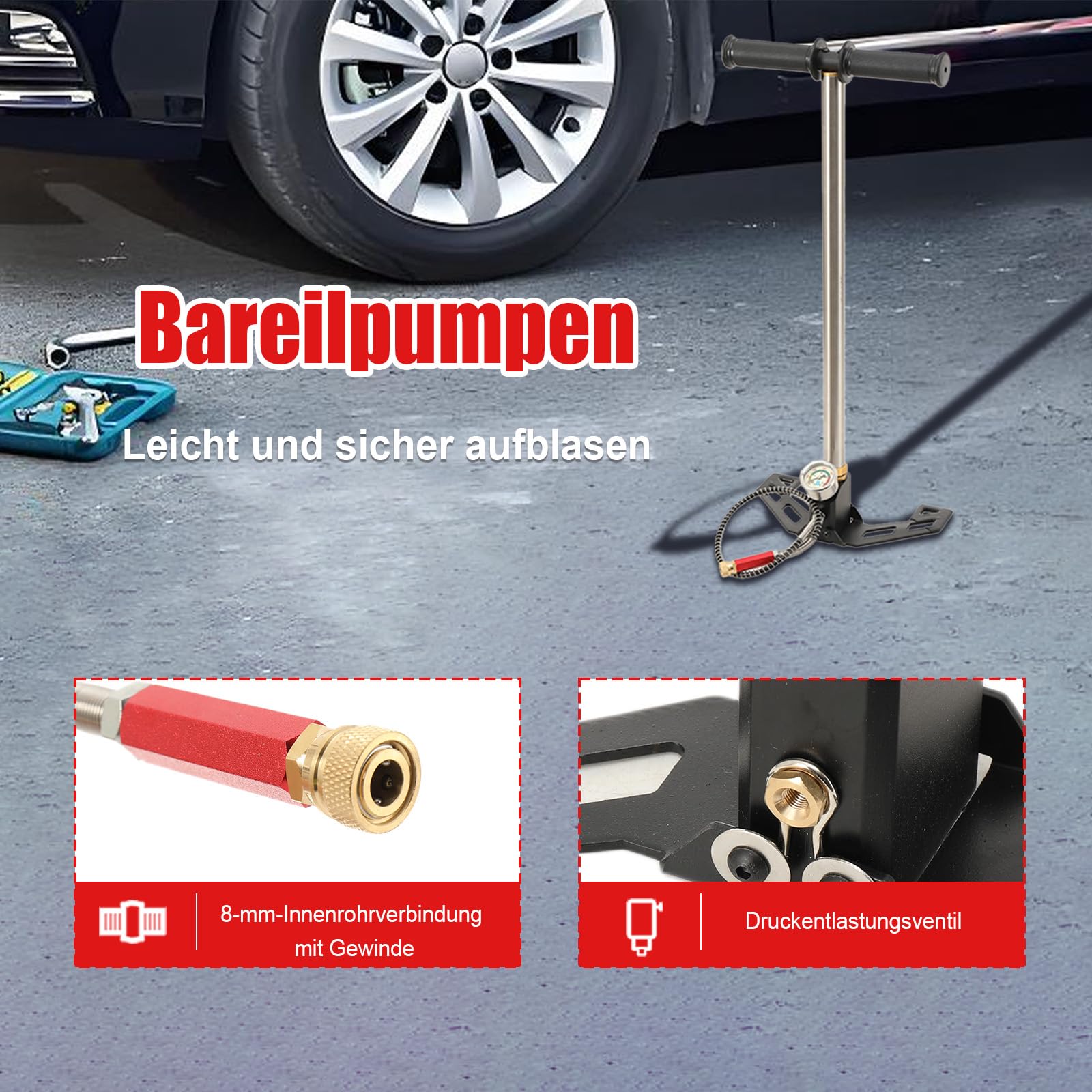 LALABU PCP-Handpumpe,Dreistufige Hochdruckluftpumpe,30 MPa 4500 PSI Hochdruck PCP Luftgewehr Füllbügelpumpe mit Manometer für Fahrrad, Luftgewehr