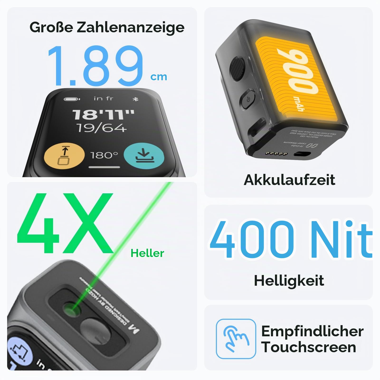 HOZO M-Cube Laser-Entfernungsmesser Grünstrahl, 50m Reichweite, ±1,5mm Genauigkeit, Kompakt, Wiederaufladbar, Grüner Laser für Außen, Flächen-/Volumen-/Pythagoras-Messung, LCD-Display, Bluetooth-App