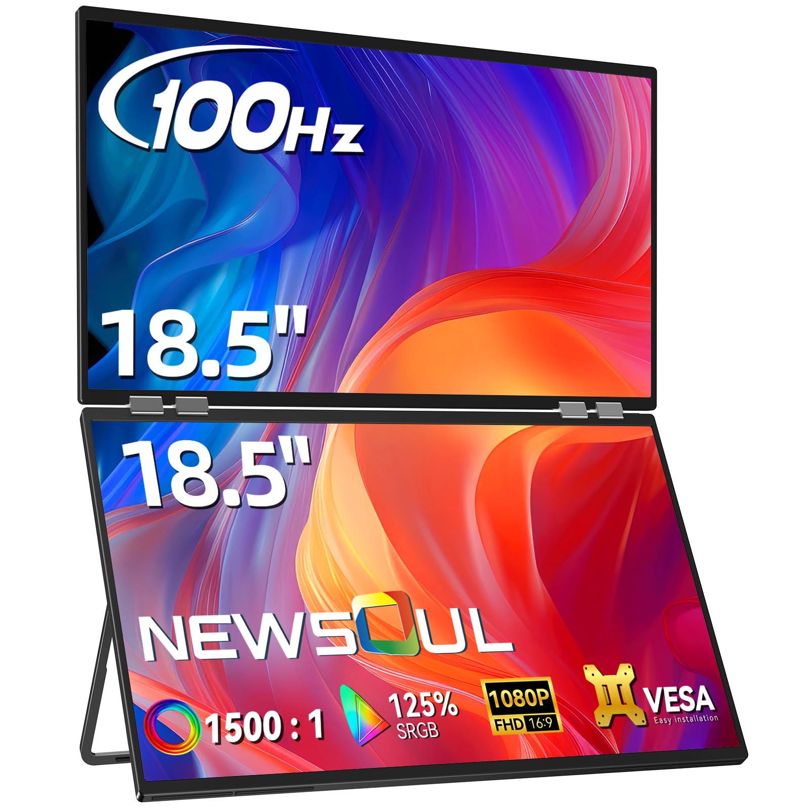 Newsoul Doble Monitor Portatil 18,5 Pulgadas, Doble Pantalla Portatil Plegable 100Hz 125% sRGB 1080P HDR, Extensor para Portátil con Rotación de 360°, Compatible con VESA, para Laptop, PC, Mac, PS5