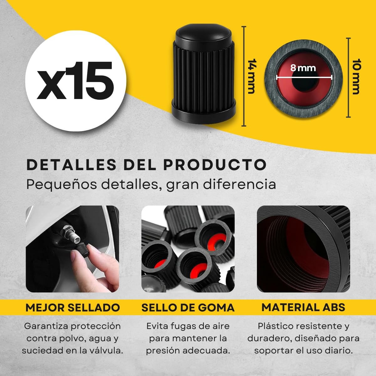 Pack de 15 Tapones de Neumáticos con Anillo sellador para la presión - Tapones de Válvula para Rueda de Coche y Moto, Tapón de Ruedas — view 2
