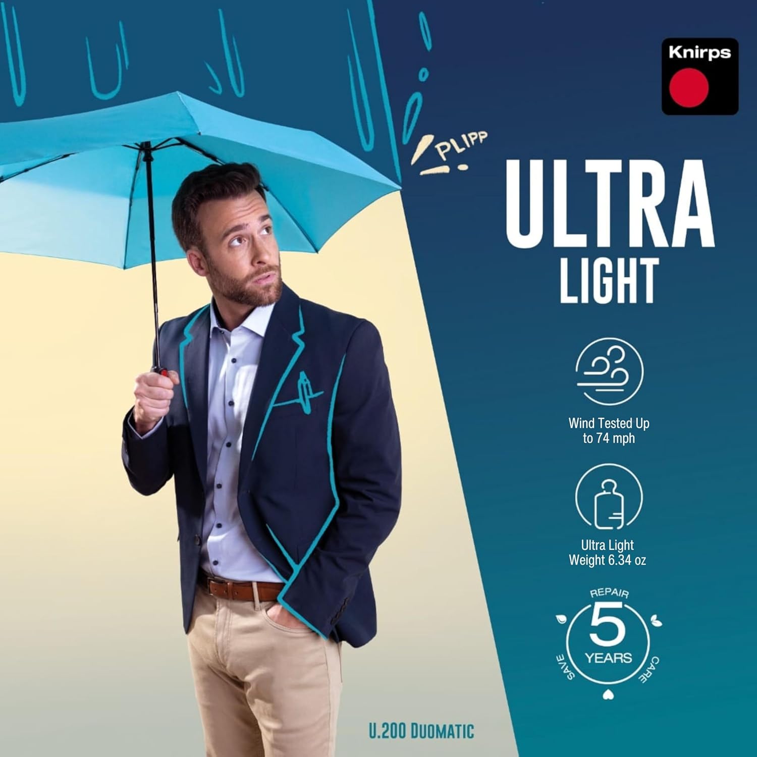 Knirps U.200 Ultra Light Duomatic Automatic Open Rain Umbrella - Compact Windproof Travel Umbrella for Adults - 97cm Diameter Retractable With Carrying Case - Image 2