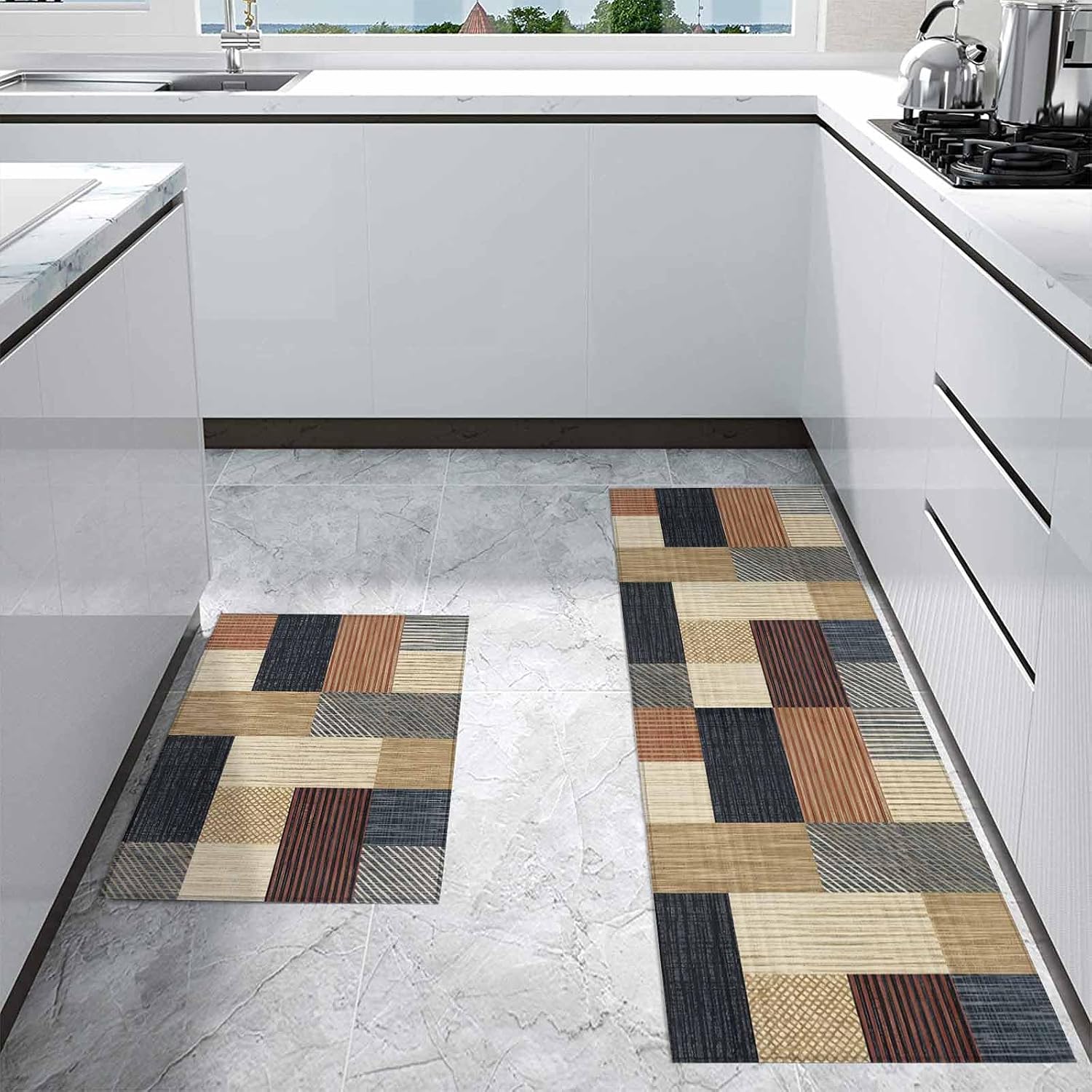 Kitchen Mats for Floor Farmhouse Brown Beige Wood Grain Washable Non Slip Kitchen Rugs 2PCS, Vintage Stripes Absorbent Standing Mats for Sink Bathroom Office Living Room 15.7x23.6in+15.7x47.2in