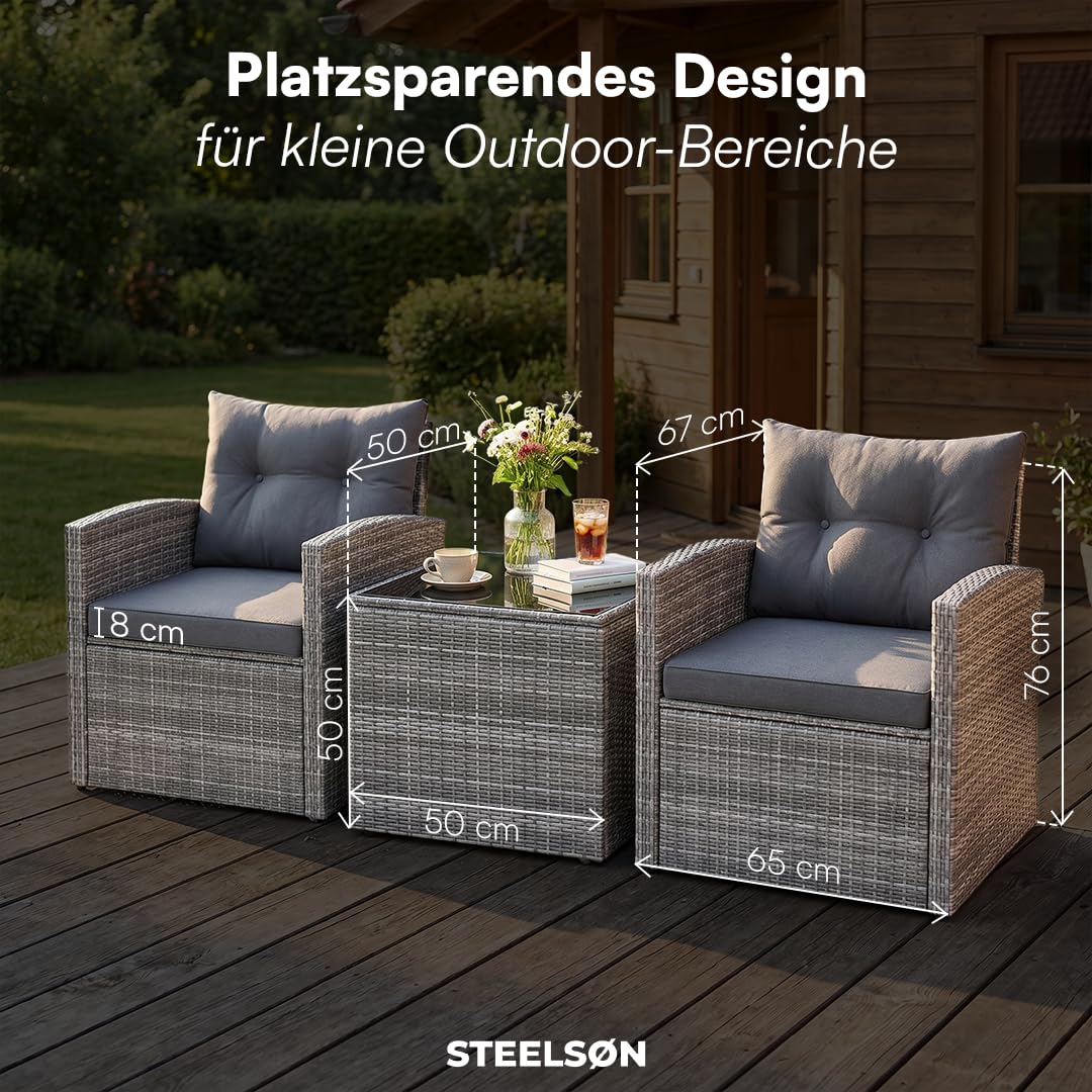 STEELSØN Selaria Rattan Gartenmöbel – Sitzgarnitur 2 Gartenstühle & 1 Tisch – Outdoor-Sitzgruppe grau – Gartensessel wetterfest 2 Personen – Gartenset mit Sitzkissen – Balkonset – Terrassenmöbel