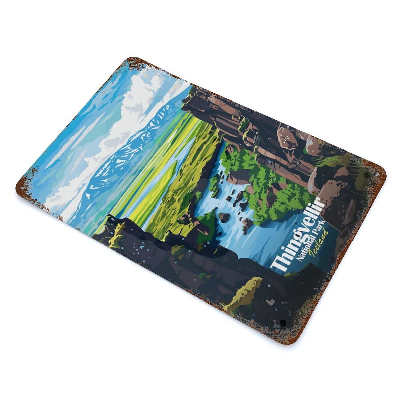 Thingvellir National Park Iceland Illustration Rust Effect Tin Sign 11.8"x7.9", Ideal for Farmhouse, Kitchen And Entryway Decor