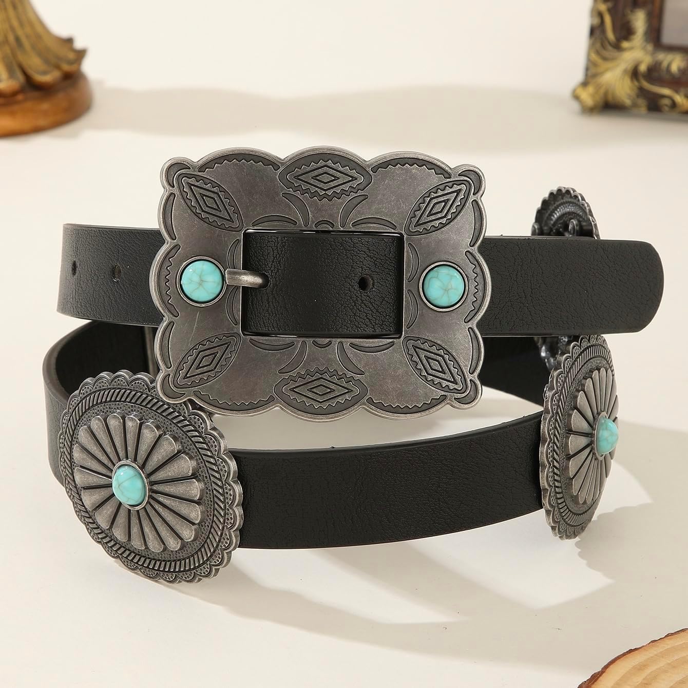 Western Belts for Women Turquoise Concho Belt Faux Leather Cowgirl Cowboy Country Belt for Jeans Dresses