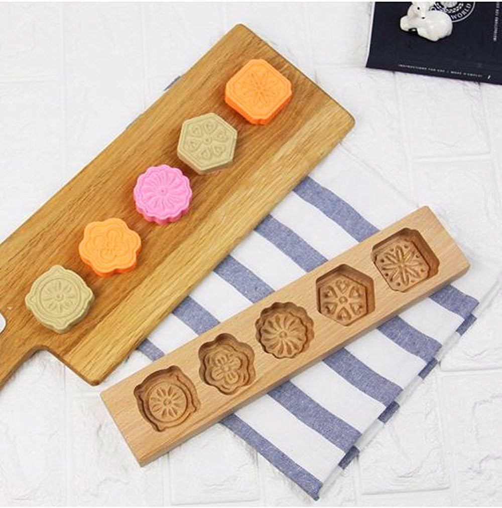 Mould Press,5 Flower Environmental Wooden Muffin And Mooncake Cups Handmade Soap Molds Biscuit Chocolate Ice Cake candy,Cake Pans,Baking Decoration Mold 12.5" Wood color