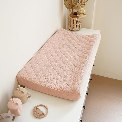 Miniatura 9 de Konssy Juego de 2 fundas impermeables de muselina para cambiador, de algodón acolchado, para cambiadores, suaves para niñas y niños (flores, rosa)