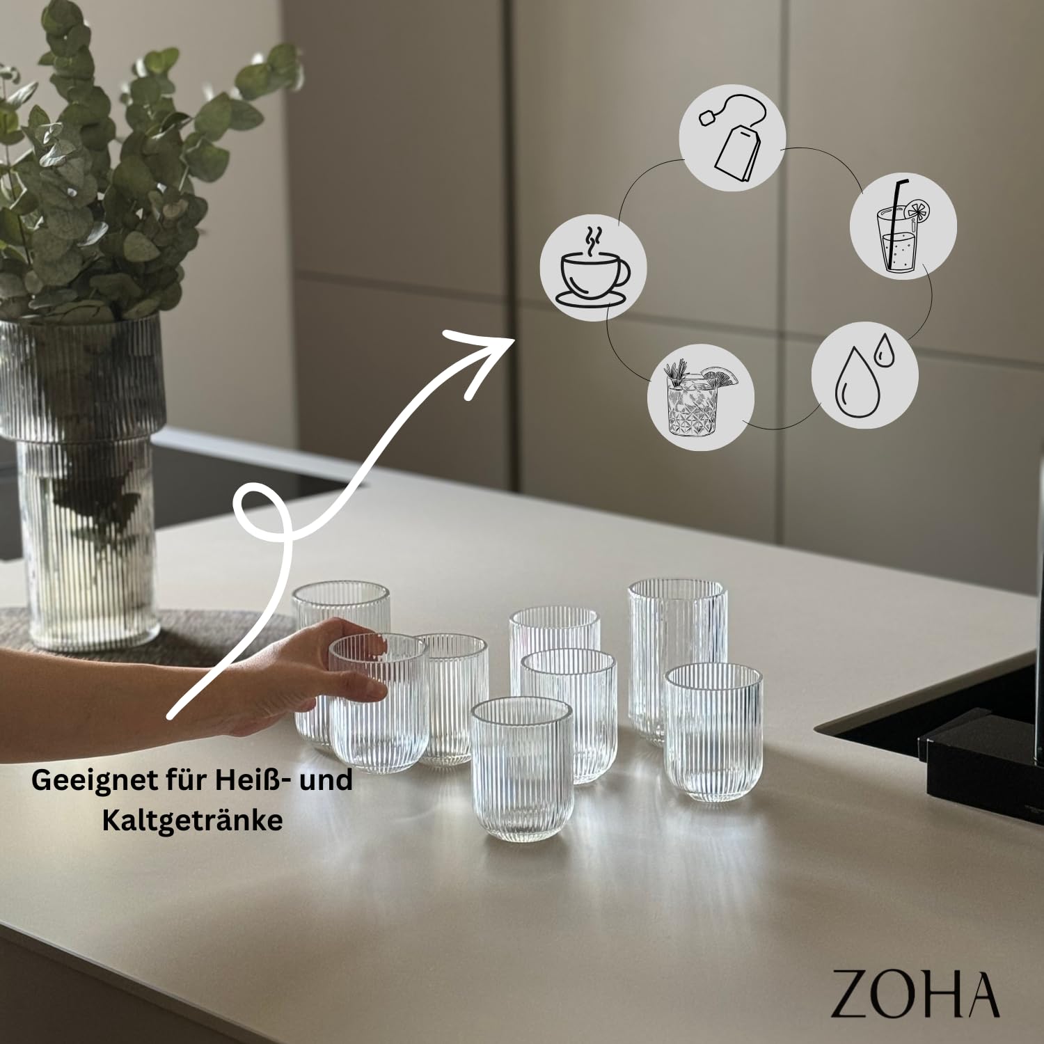 Zoha Relief Crystal Gläser 8er Set – 400 ml Teegläser | Trinkgläser für Heiß- und Kaltgetränke | Design Riffle Glass Kaffeebecher | Glasbecher für Cocktail, Eiskaffee und Saft | Spülmaschinengeeignet