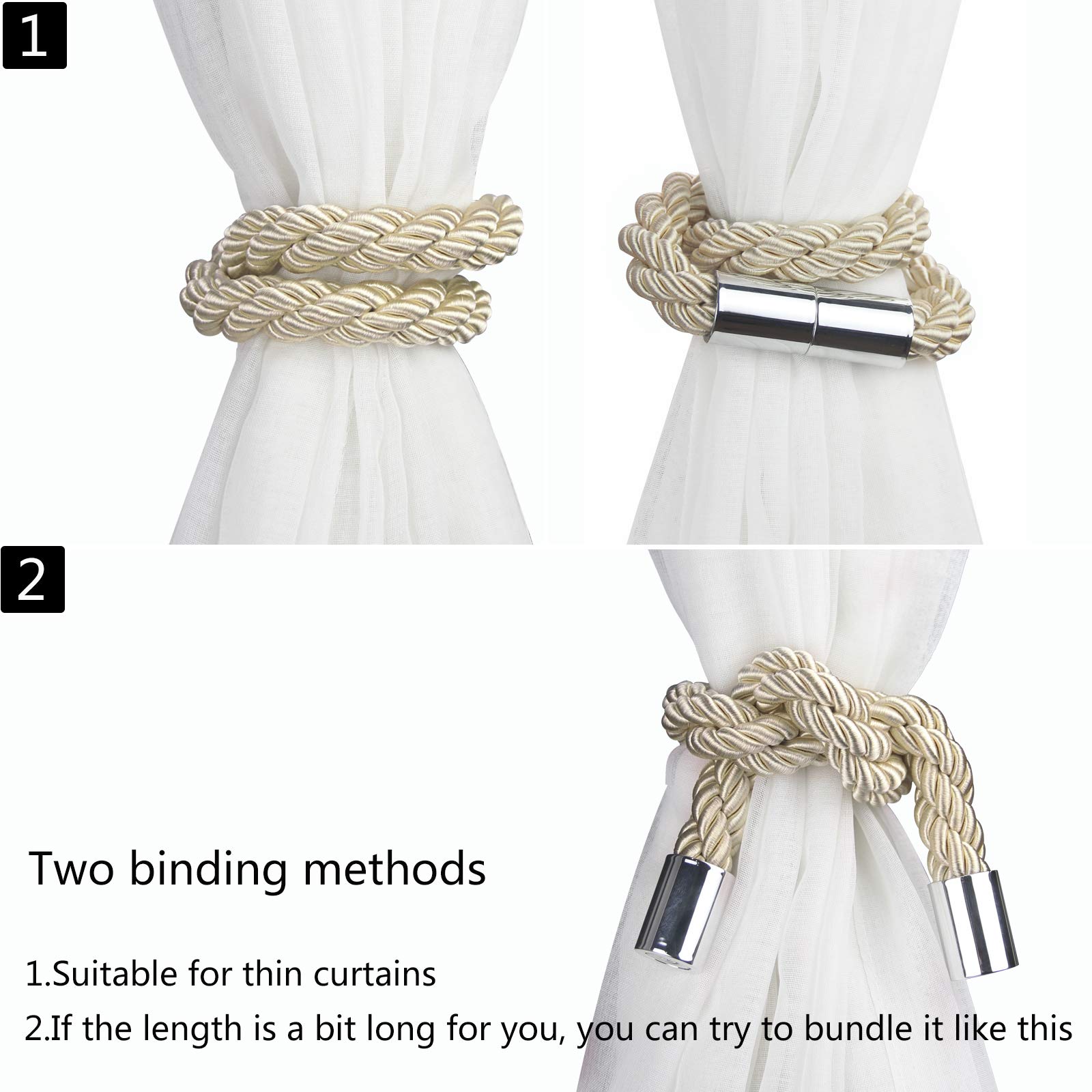 Lot de 2 embrasses de rideaux magnétiques solides - Beige - 50 cm - Attaches pratiques pour rideaux fins ou épais avec crochets en métal - Légèrement lourdes
