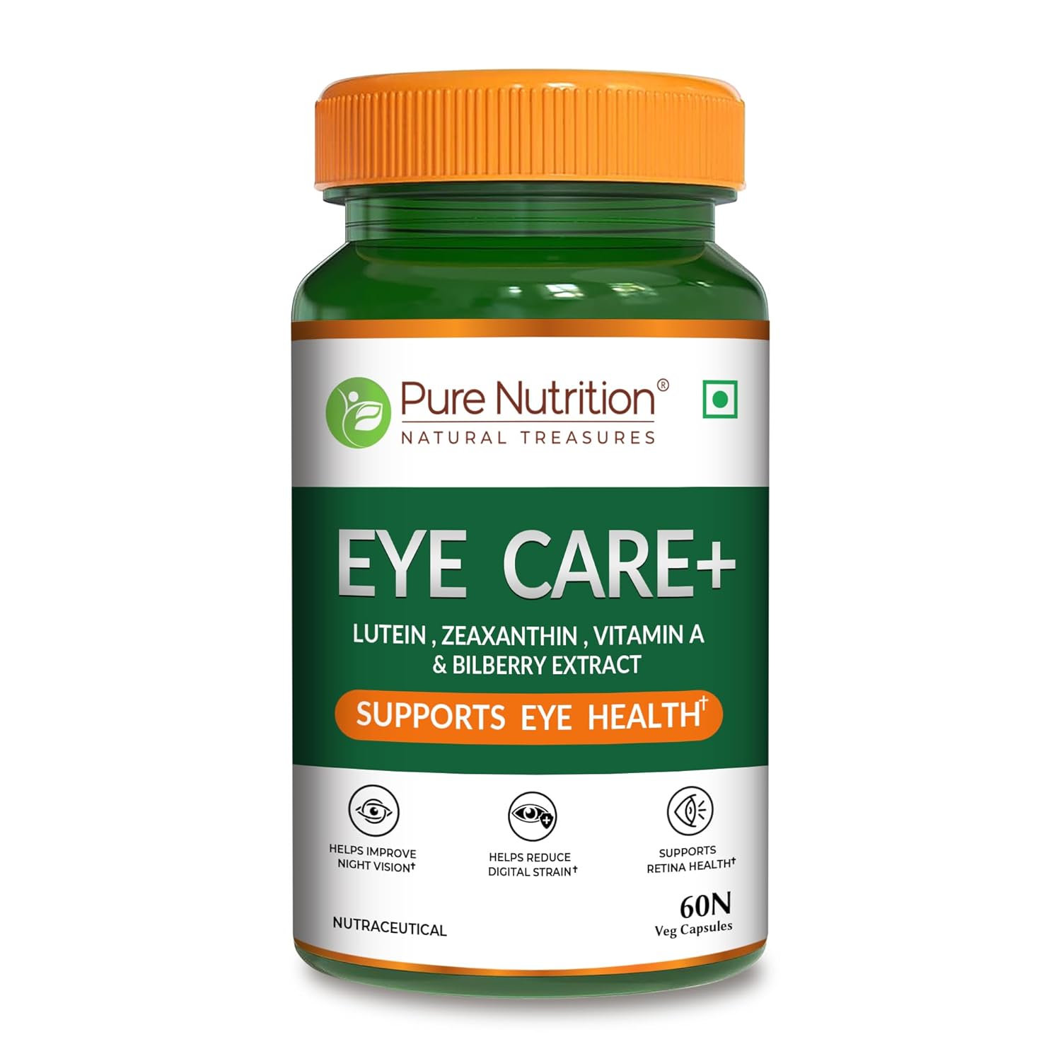 Pure Nutrition Eye Care+ 60 Veg Capsules with Lutein, Zeaxanthin, Vitamin A & Bilberry Extract | Support Retina Health | Improve Night Vision, Blue Light & Digital Guard Pure Nutrition Eye Care+ 60 Veg Capsules with Lutein, Zeaxanthin, Vitamin A & Bilberry Extract | Support Retina Health | Improve Night Vision, Blue Light & Digital Guard