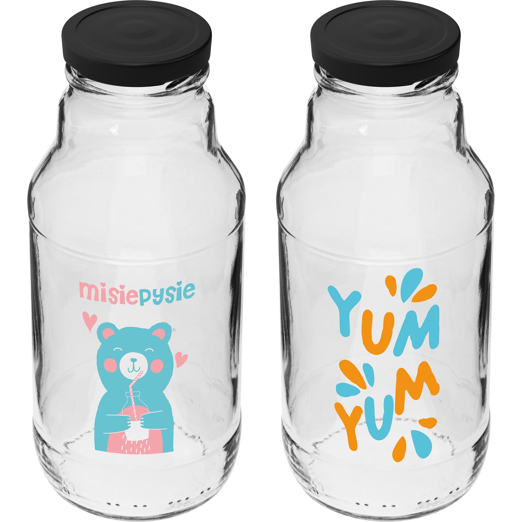 Browin 631331 - Bottiglie vuote in vetro da 330 ml, con tappo a vite, TO43, per smoothie, succhi di frutta, latte, bottiglia da 330 ml, con stampa e tappo a vite, bel design, 6 pezzi