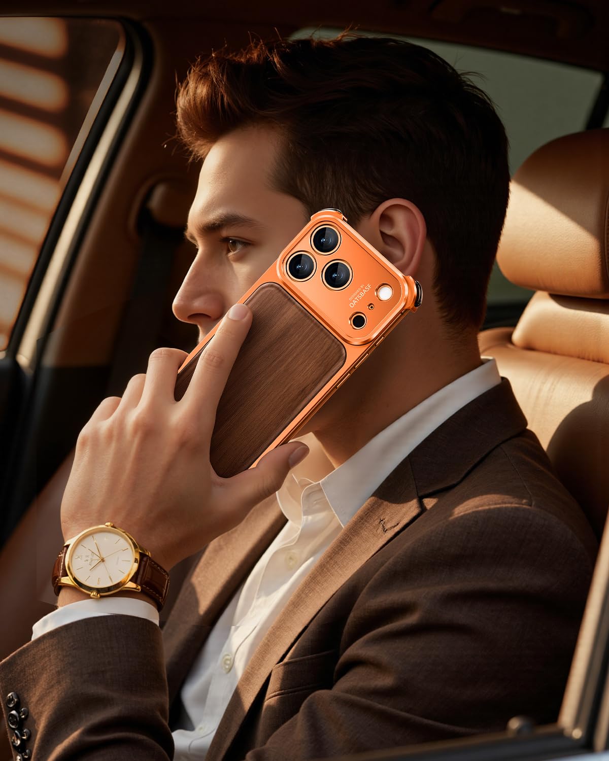 OATSBASF Funda para iPhone 17 Pro Max, protección completa de la cámara, compatible con cargador MagSafe, marco de metal, panel trasero de grano de madera (naranja, para iPhone 17 Pro Max)