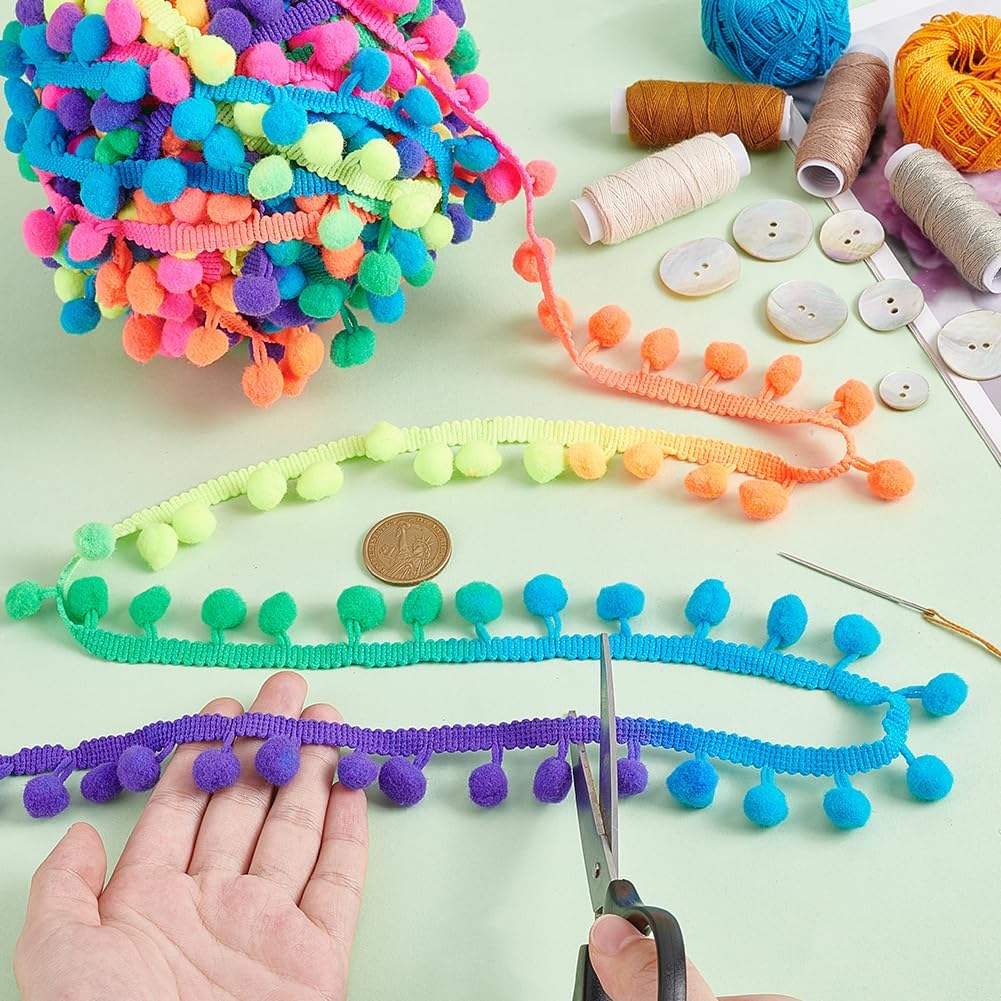 PH PandaHall 20 Yards Pom Pom Trim Rainbow Fringe Ball Trim 1 inch Wide Ball Fringe Ribbon, Garland Ribbon Sewing Tassel Lace for Home Party Decor Clothes Dress DIY Crafts Sewing, 12mm Ball