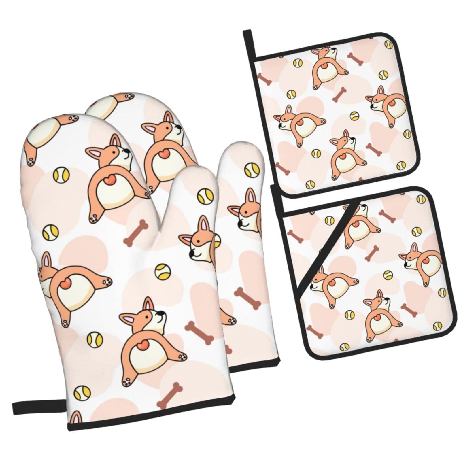 Cute Corgi Puppy Oven Mitts and Pot Holders Sets, Christmas Oven Mitt Kitchen Heat Resistant Non-Slip Pot Holders Set for Cooking Baking BBQ