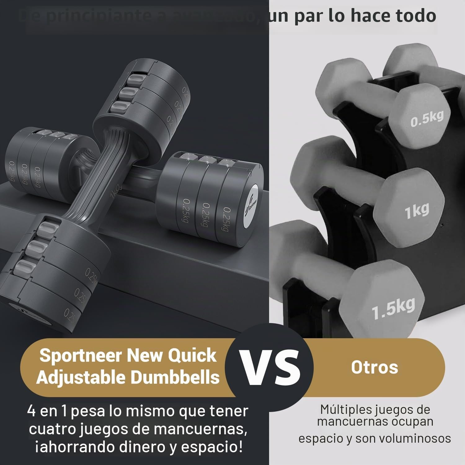 Sportneer Juego de mancuernas ajustables, 4 en 1 mujer, para gimnasio, fitness, entrenamiento de fuerza, regalo (negro y gris)