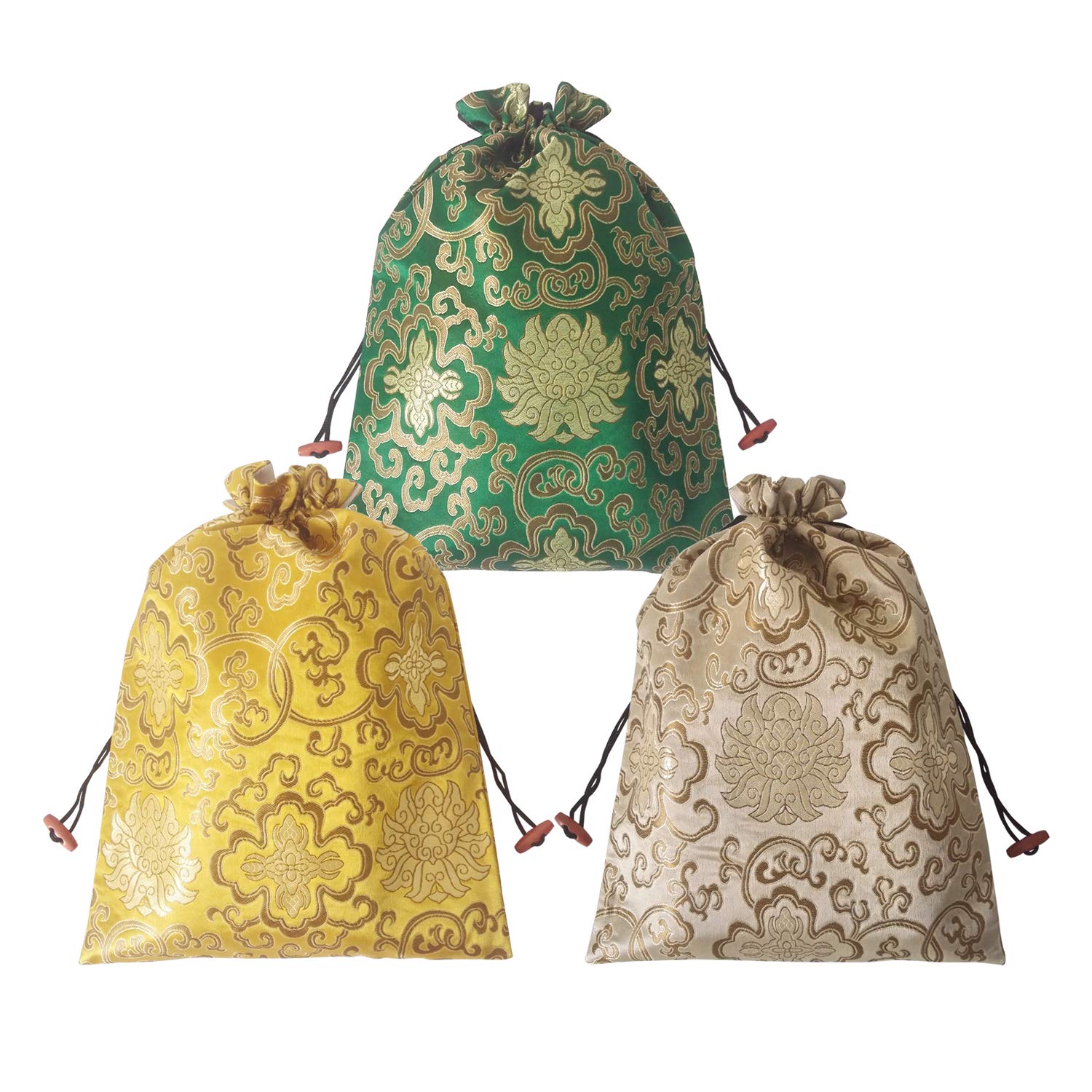 Gold FortuneGold Fortune 3 Packs 10.5" x 14" (L x W) Embroidered Silk Jacquard Travel Lingerie and Shoes Bags with Drawstring Closure (Fortune Two)