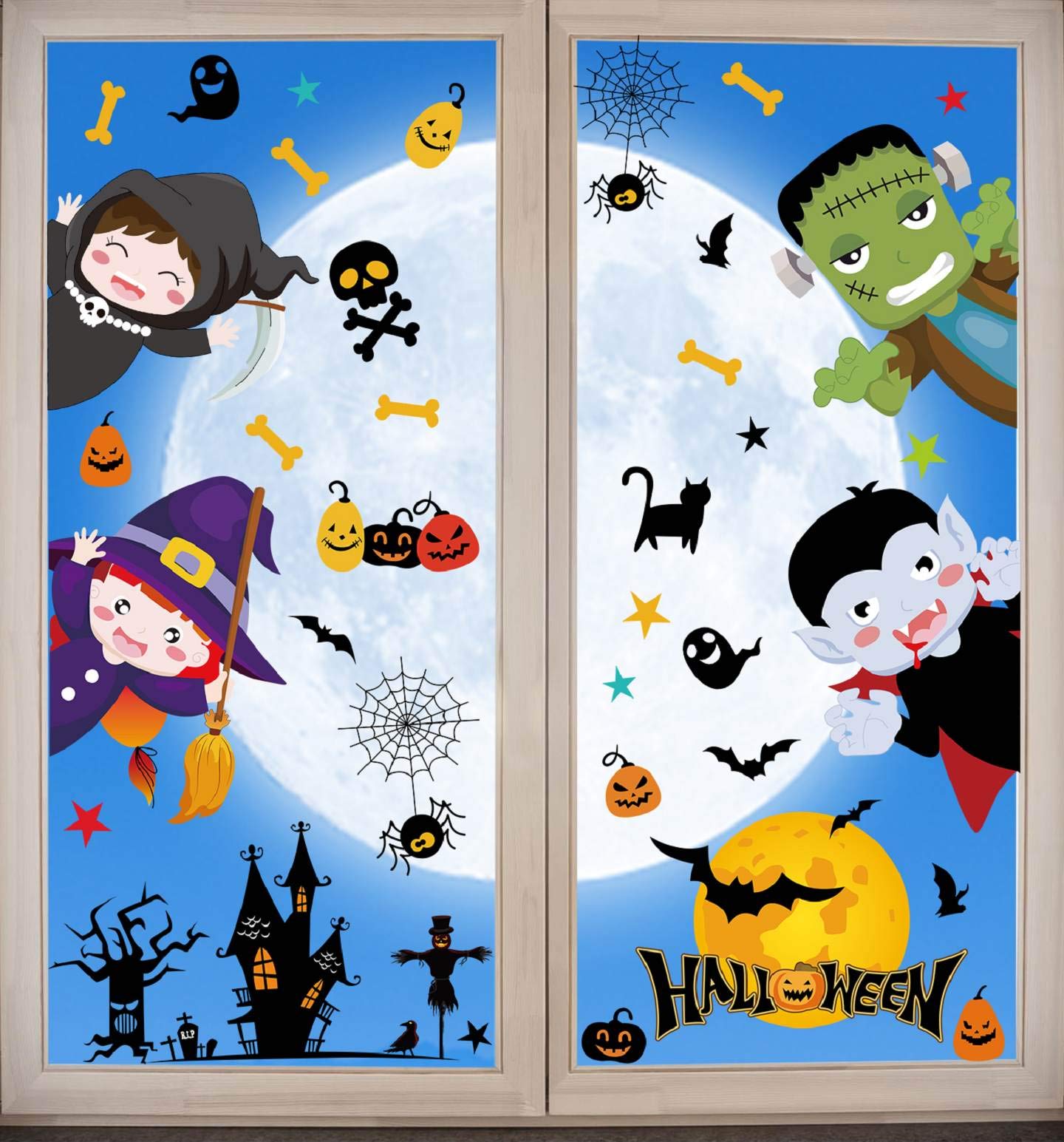 Lot De 50 Autocollants Halloween Réutilisables - Citrouille, Chauve-souris, Fantôme, Chat, Château - Pour Fenêtre, Miroir, Décoration Fête