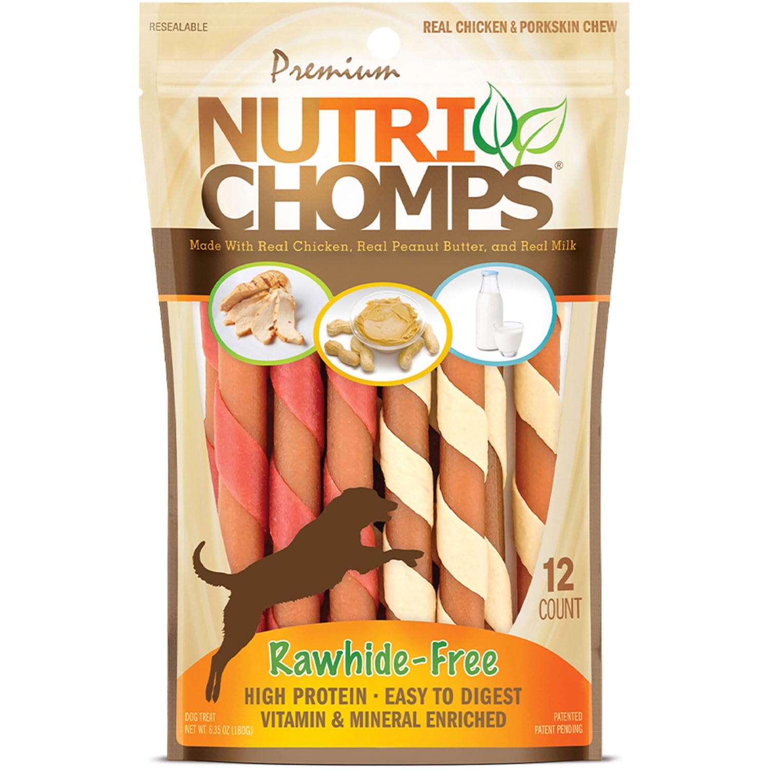 NutriChomps Dog Chews, 5-inch Twists, Easy to Digest, Rawhide-Free Dog Treats, 12 Count, Real Chicken, Peanut Butter and Milk flavors