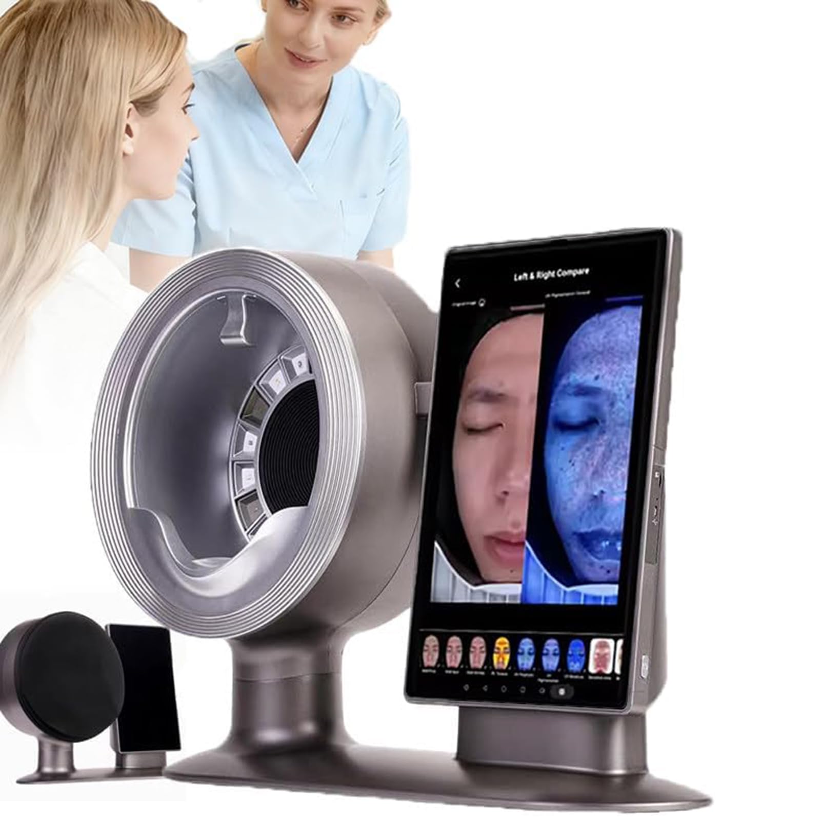 Analizator twarzy 39.6 cm, inteligentny wykrywacz skóry zasilany przez sztuczną inteligencję, 10 widm, z osłoną przeciwsłoneczną, 18 elementów testowych, 5 prognoz objawów skórnych