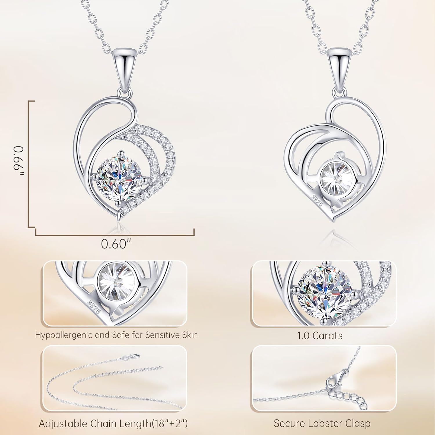 1.0CT Moissanite Necklace for Women, 925 Sterling Silver Heart Pendant Necklace, D Color VVS1 Moissanite Jewelry for Wife Girlfriend Mom, Romantic Diamond Gift for Birthday Anniversary Wedding