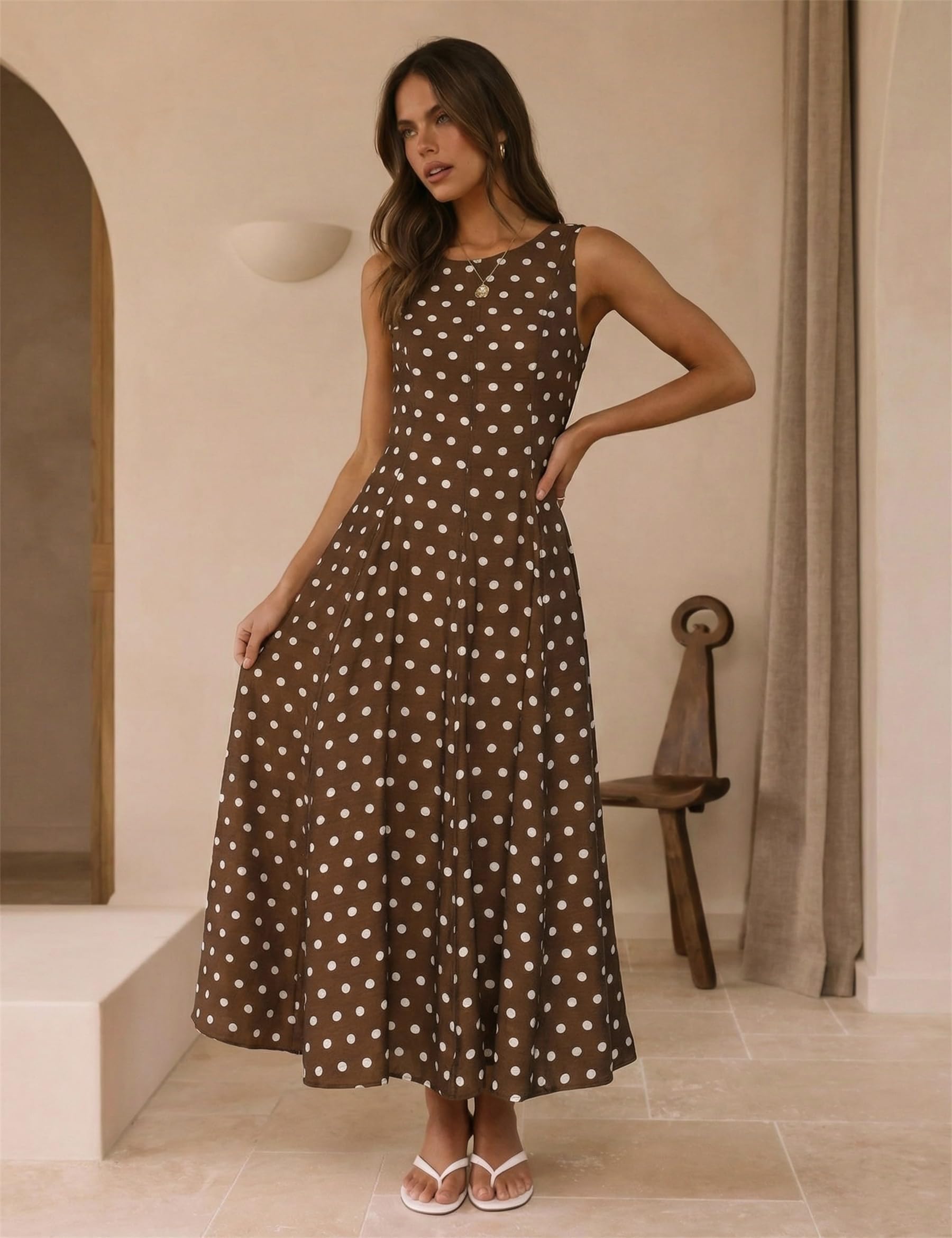 Abito estivo da donna a pois, senza maniche, scollo rotondo, a vita alta, elegante, vintage, rockabilly, per feste