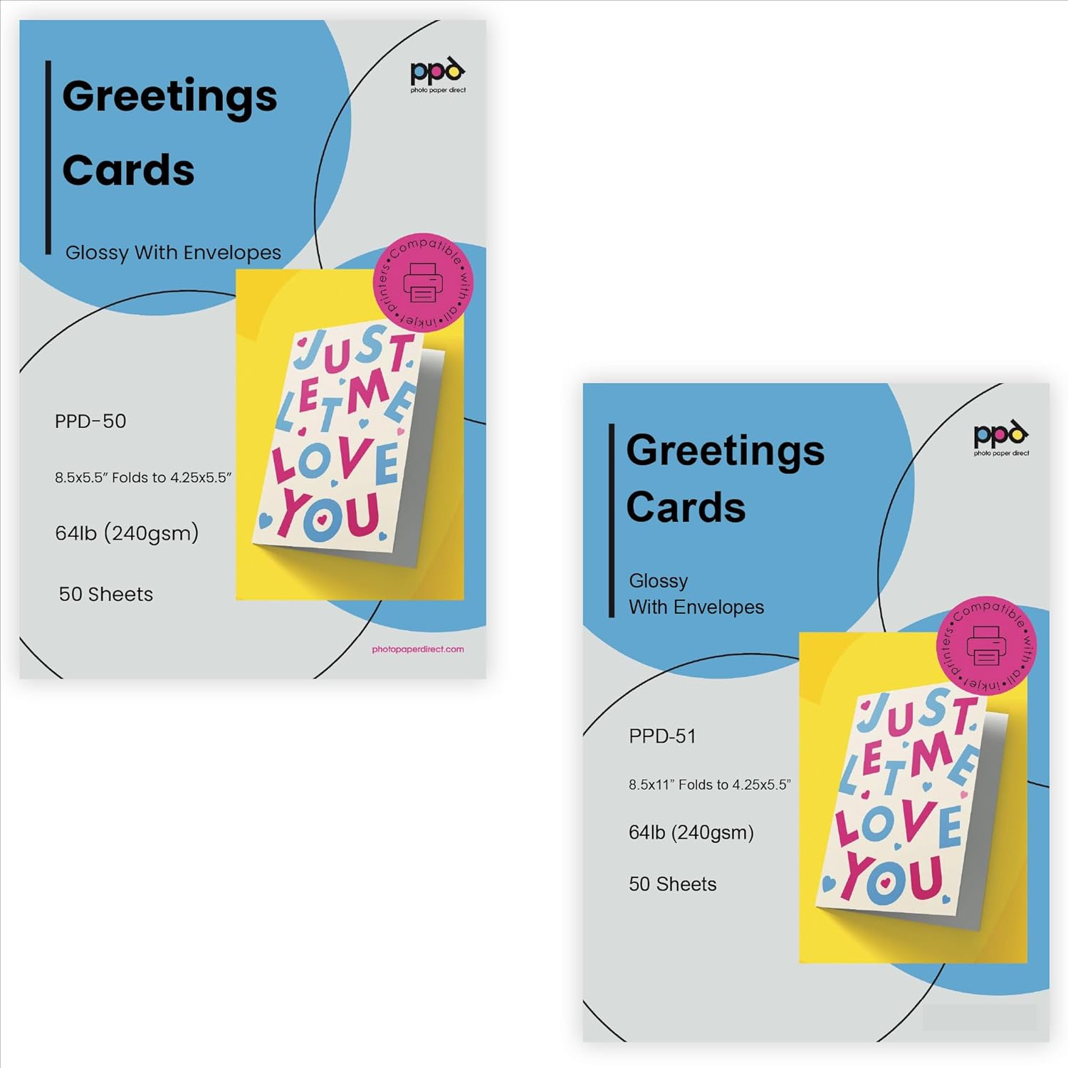 PPD Inkjet Bundle Large Glossy Printable Greeting Cards LTR 8.5 x 11" 64lbs With Envelopes x 20 Sheets and Glossy Printable Greeting Cards 5.5 x 8.5" 64lbs With Envelopes x 50 Sheets