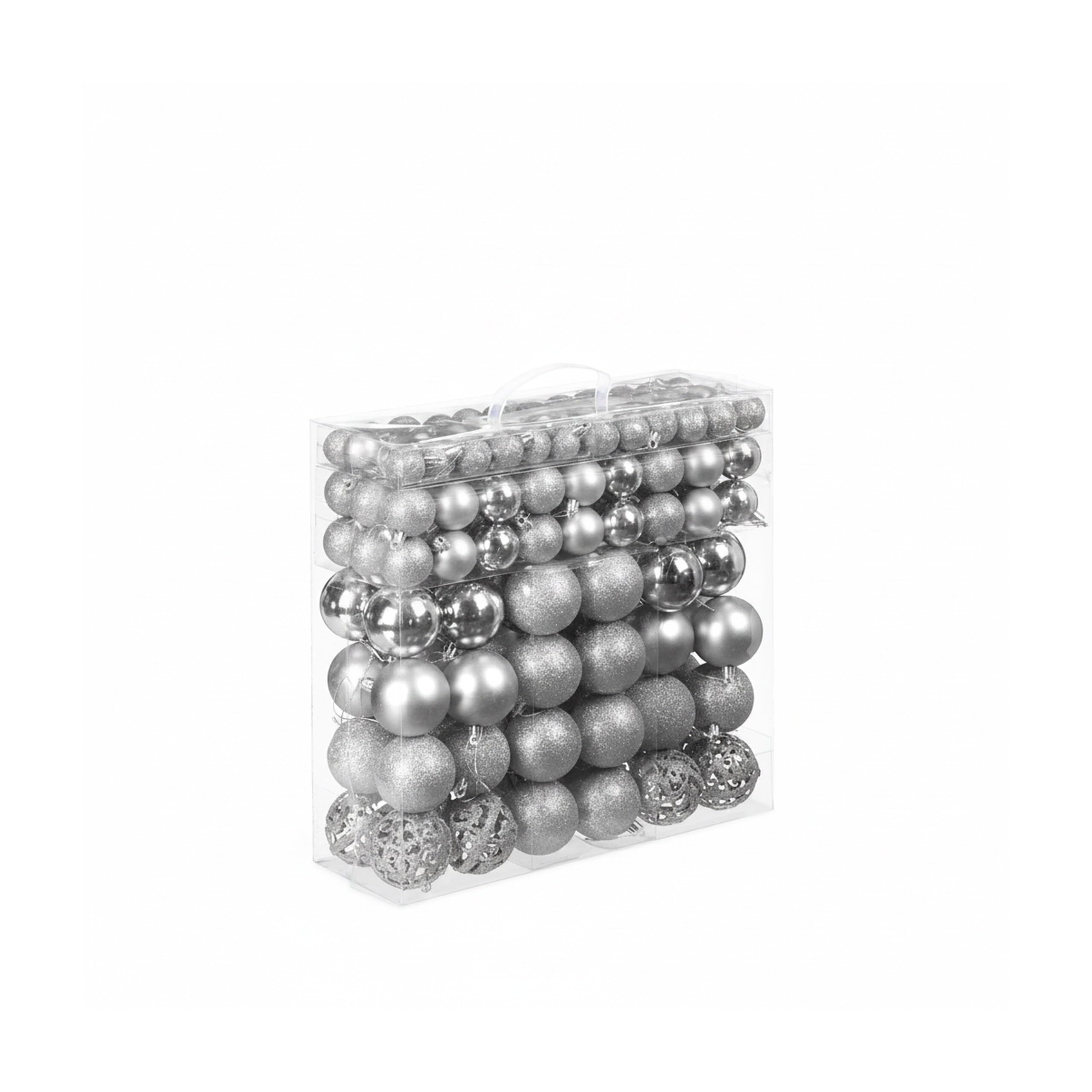 Relaxdays 150x Boules de Noël, Paillettes, Mates, Brillantes, déco Sapin, Plastique, diamètre 3, 4 et 6 cm, argentées
