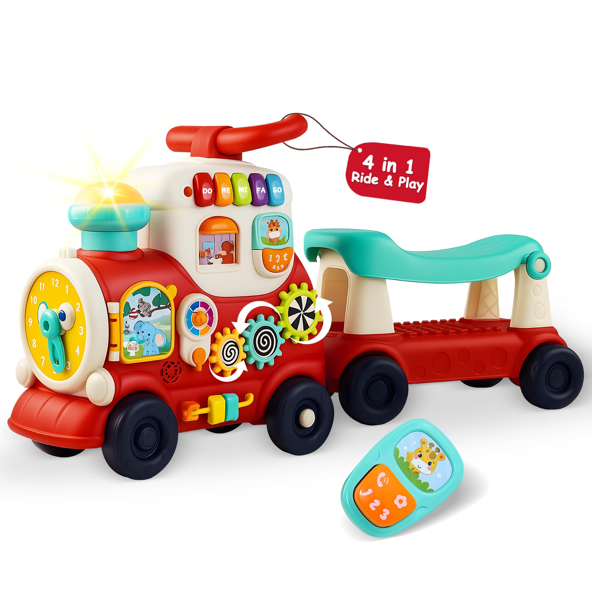 Juguetes de paseo para niños pequeños de 1 a 3 años, tren de tracción 4 en 1, juguete de coche para caminar para niños de 1 año que aprende a caminar, caminante sentado a pie para bebés de 1, 2, 3, 4