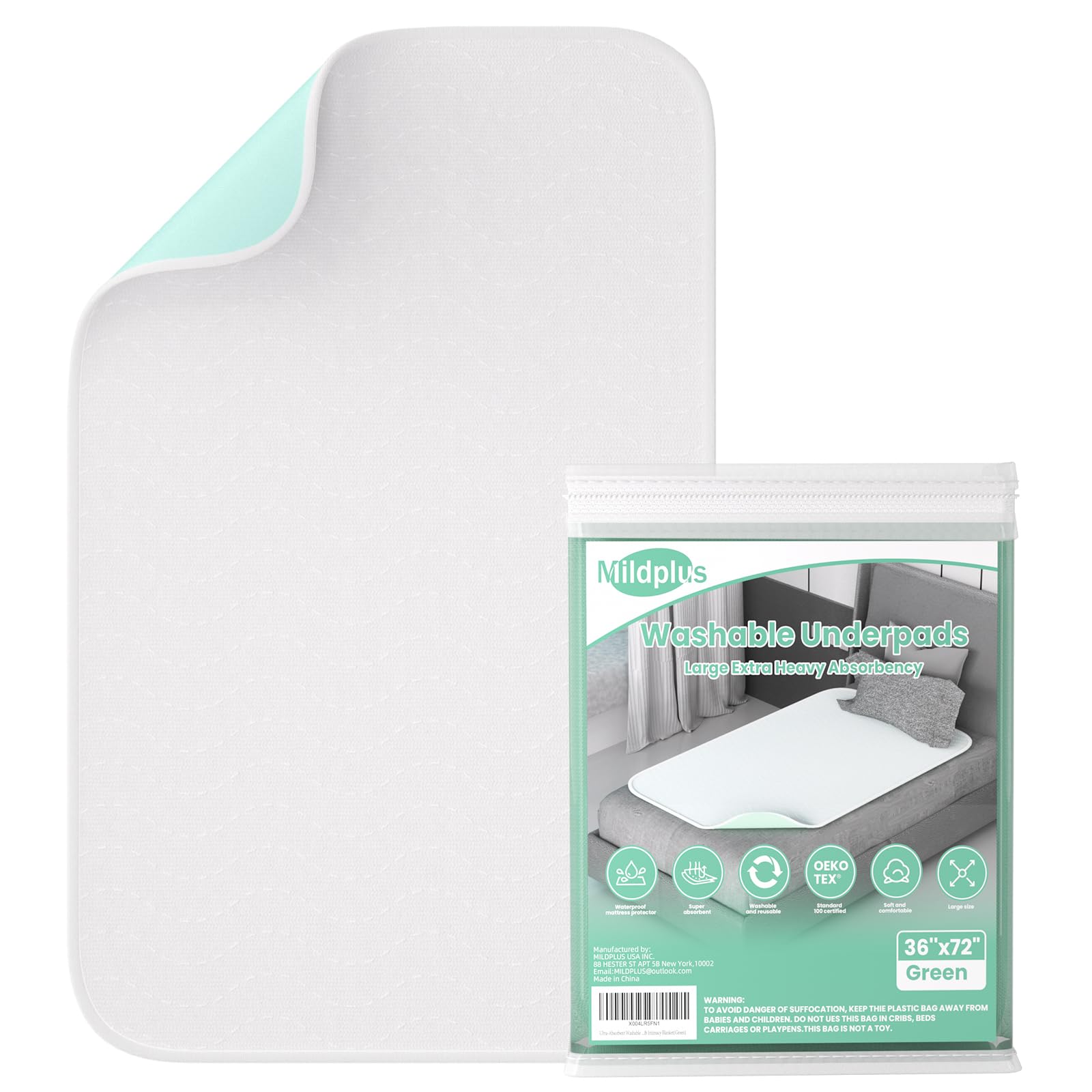 MILDPLUS Ultra-Absorbent Extra Large Washable Bed Pads 36"X72" Green