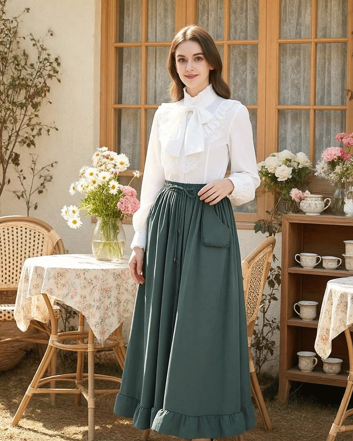 CR ROLECOS Womens Renaissance Skirt Victorian High Waist Peasant Double Layers Long Skirt