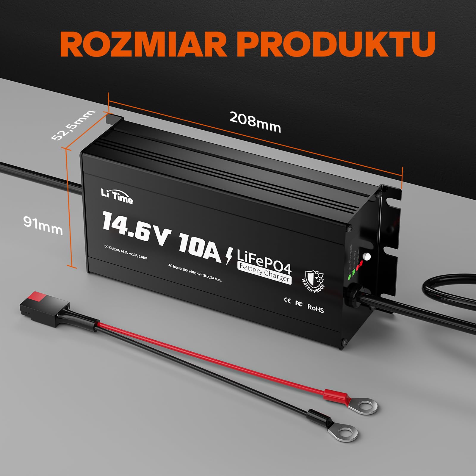 LiTime 14,6V 10A Ładowarka Pokładowa do Akumulatorów Litowo-jonowych IP67, 4-krotna Ochrona, Lepsza Wydajność ładowania, Wydłużona żywotność Akumulatorów Litowo-jonowych, do Użytku Zewnątrz Morzu
