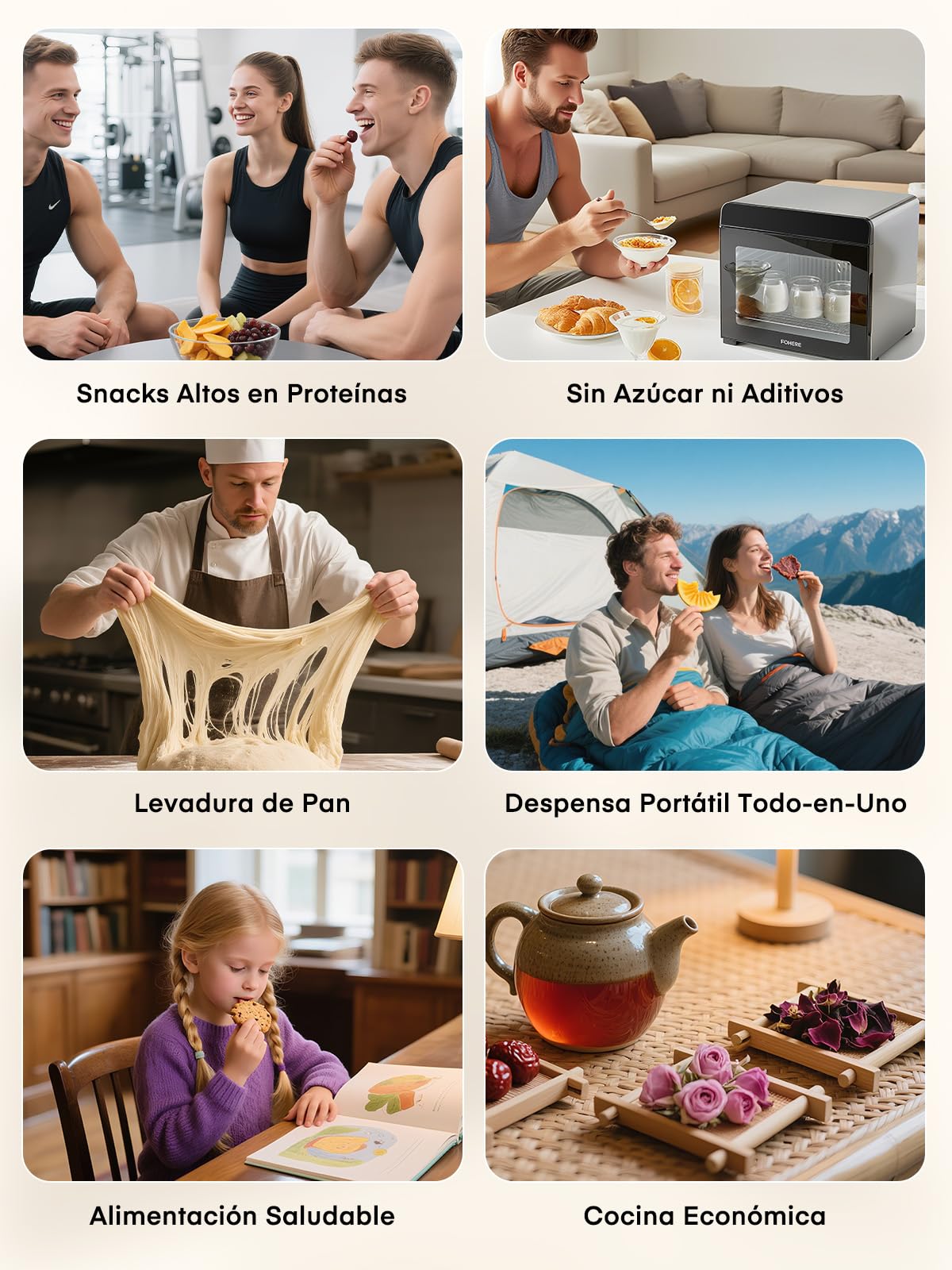 FOHERE Deshidratador de Alimentos Profesional 8 Bandejas Acero Inox., Silencioso <40dB Uso Nocturno, Control Temp. 35-75°C Temp. 48h, Frutas Verduras Cecina Setas Hierbas Snacks Bebé Sin BPA